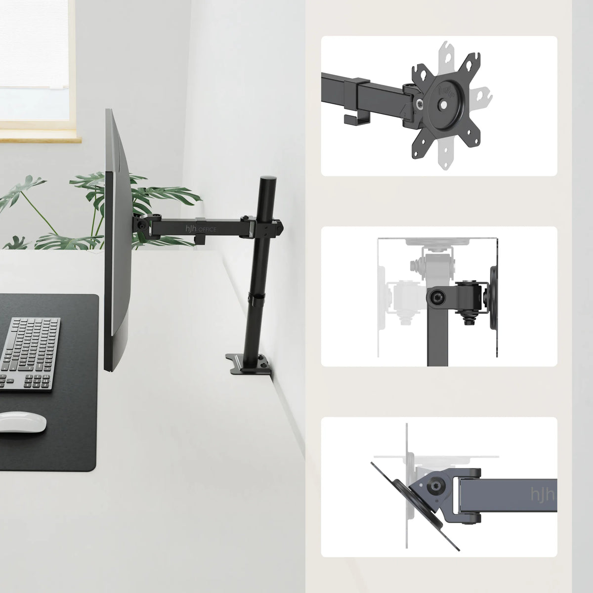 Skærmholder Ergomount M1 i sort med VESA-adapterplade og ledforbindelser fra hjh OFFICE