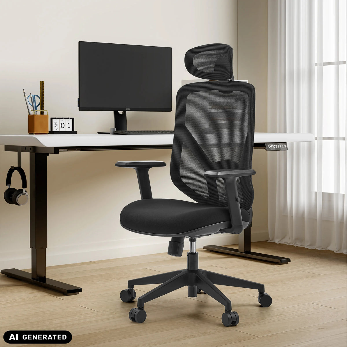 Schwarzer Homeoffice-Bürostuhl BLACORE mit Netzrückenlehne und Kopfstütze von MyBuero (KI-generiertes Bild)