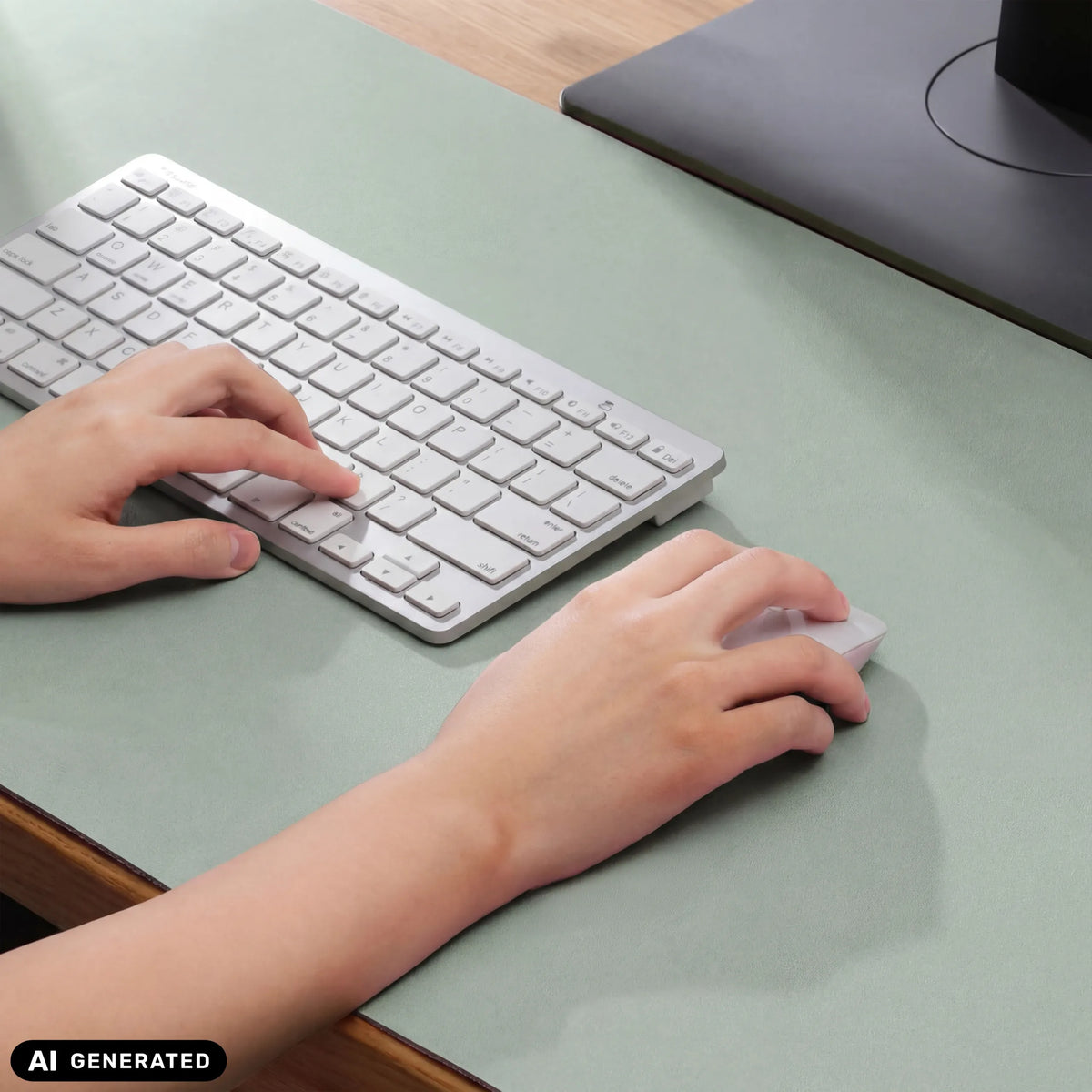 Lysegrønt Padflux Clean skriveunderlag med tastatur og mus fra hjh OFFICE (AI-genereret billede)