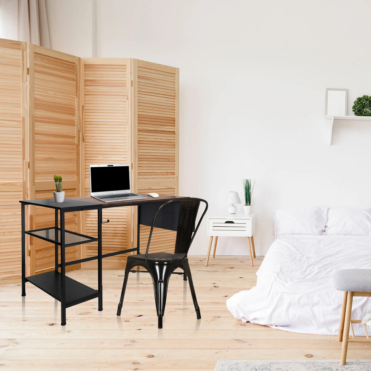 Skrivebord WORKSPACE H I i sort-brun med to hylder og metalstel fra hjh OFFICE
