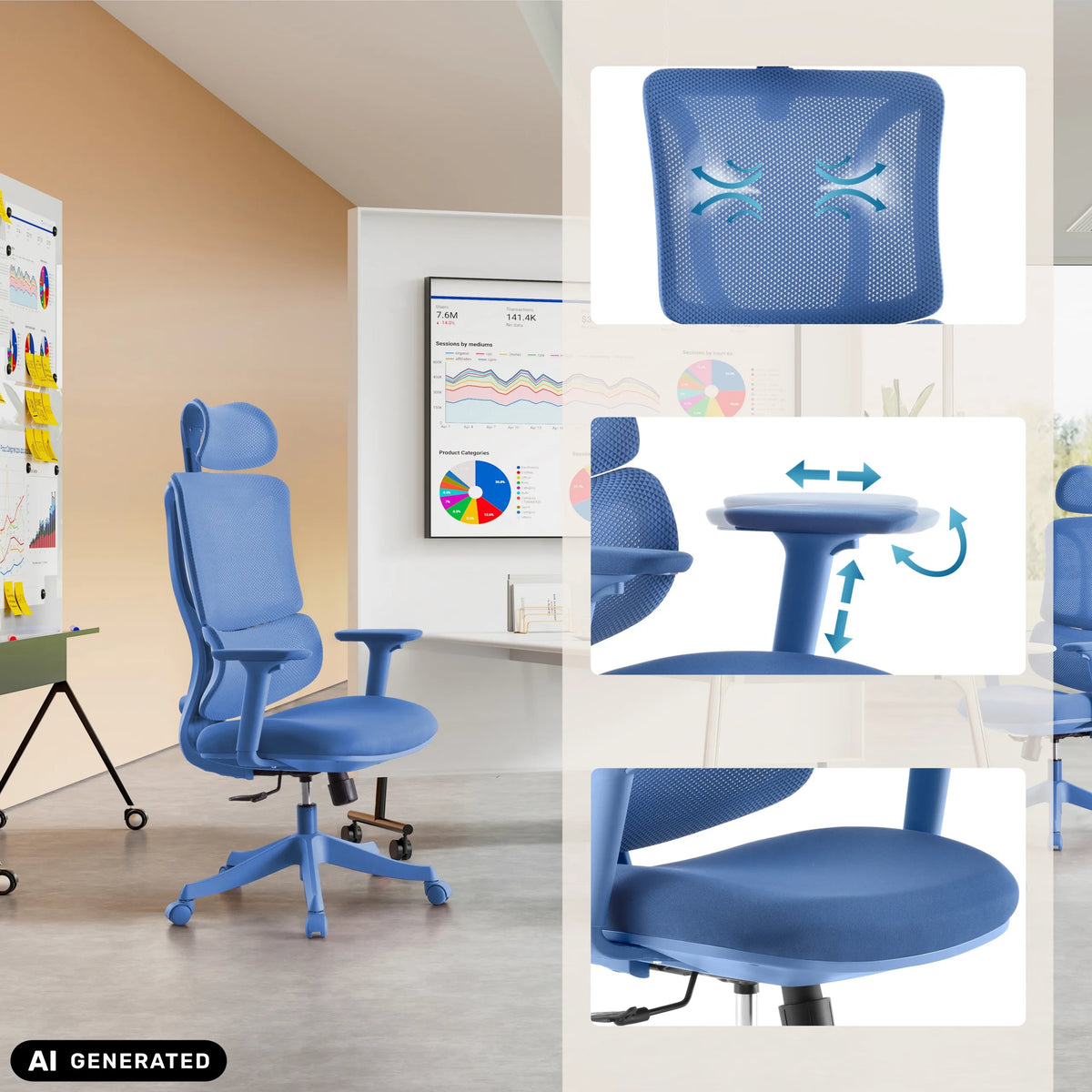 Blå Ergomy Colore Home Office kontorstol med netryglæn og justerbar mekanisme fra MyBuero (AI-genereret billede)