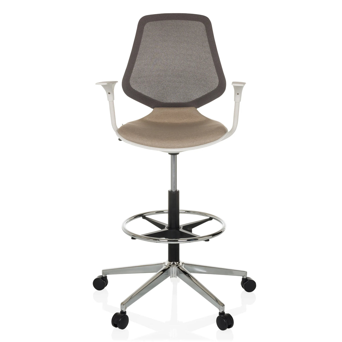 Beige diskstol TOP WORK STYLE med netryg, fodring og femhjulet fodkryds fra hjh OFFICE – 360-graders visning (forfra 0°)