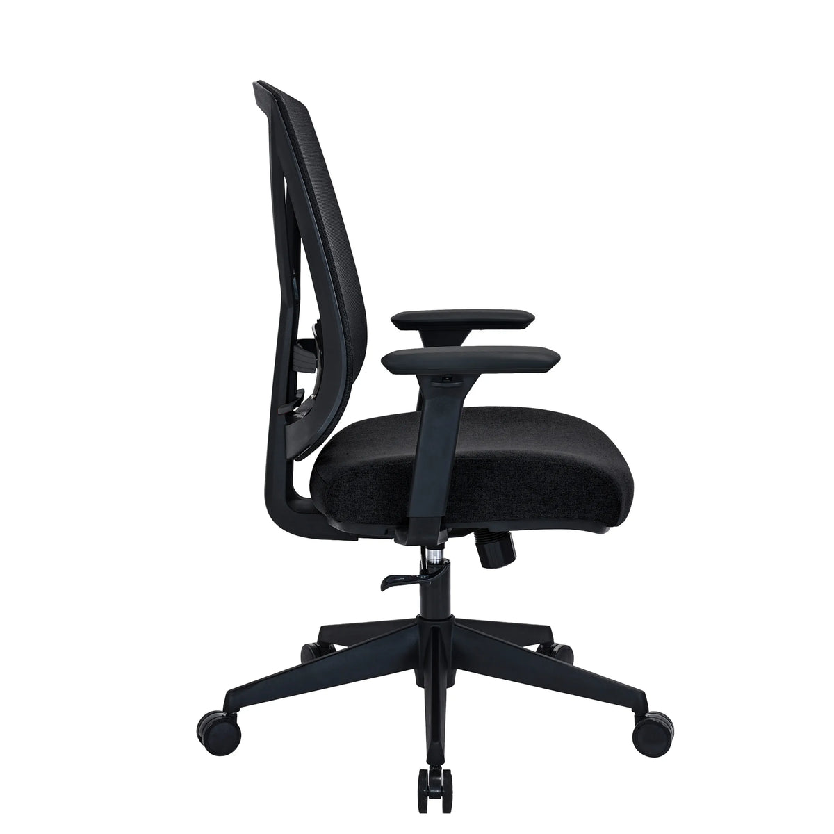 Sidevisning af Professionel kontorstol Mirou i sort med armlæn og stjernefod med hjul fra hjh OFFICE