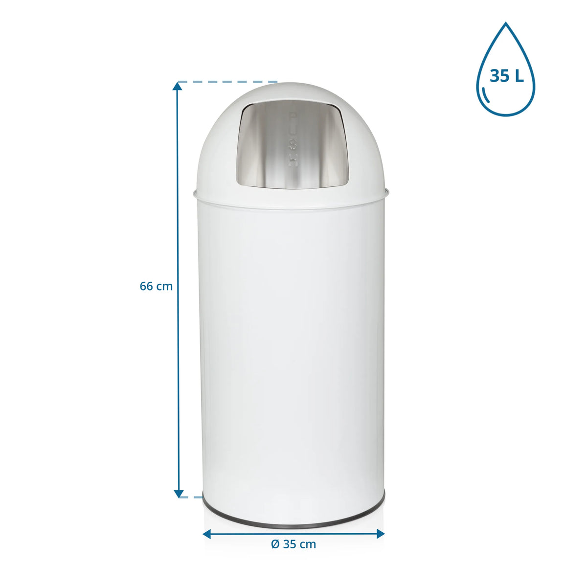 Målvisning af Papirkurv PUSH 35L med en højde på 66 cm og en diameter på 35 cm fra hjh OFFICE