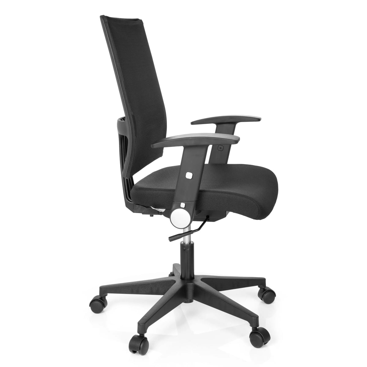 Sort Home Office kontorstol OFFICE R8 med netryg og femhjulet fodkryds fra hjh OFFICE – 360-graders visning (sideprofil 80°)