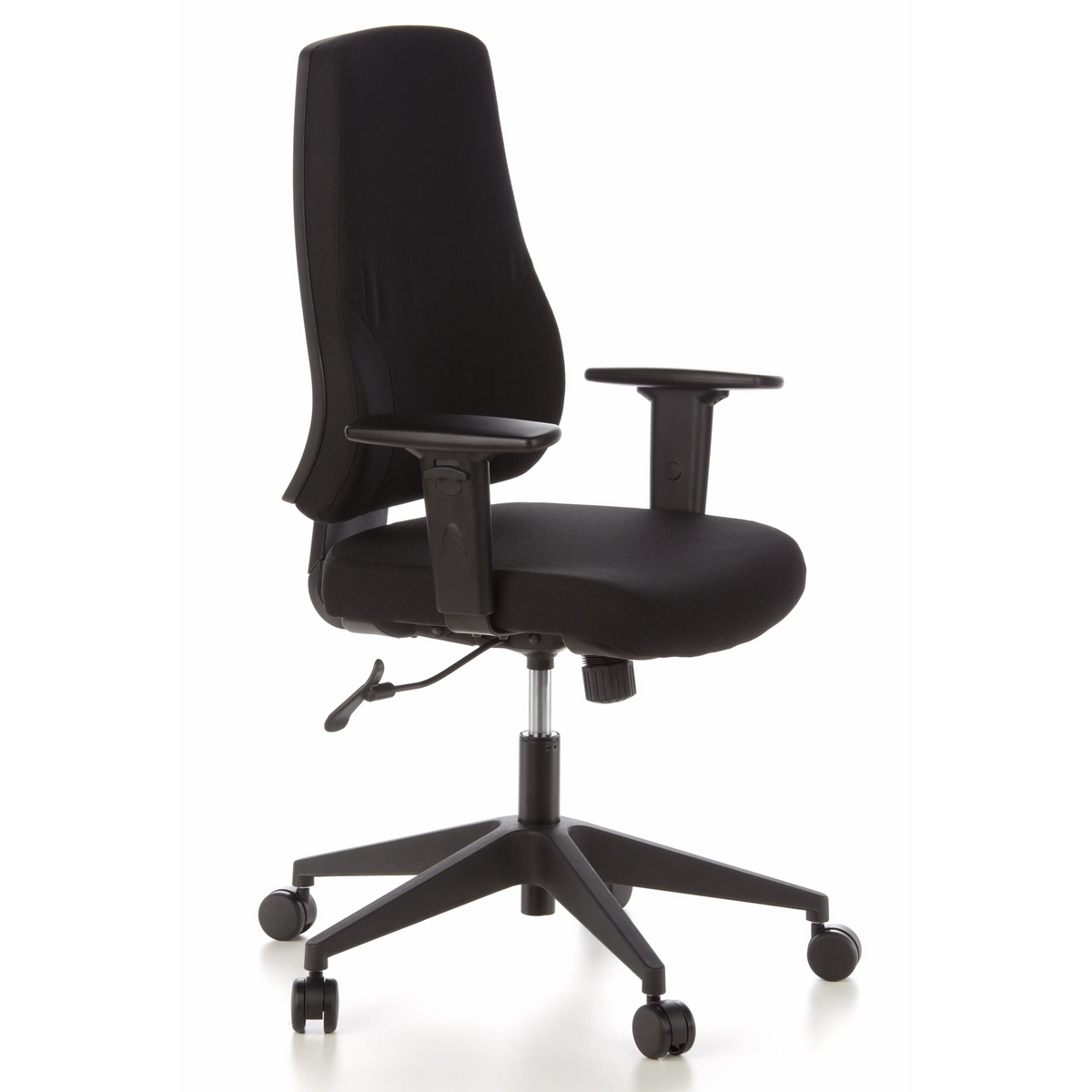 Schwarzer Profi-Bürostuhl PRO-TEC 100 mit Armlehnen und Fußkreuz mit fünf Rollen von hjh OFFICE – 360-Grad-Ansicht (schräge Frontansicht 60°)