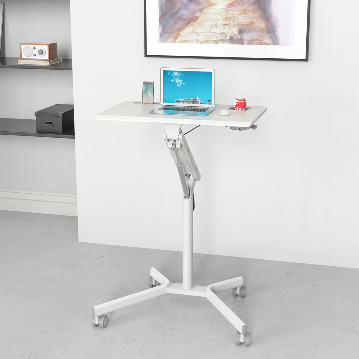 Hvidt ståskrivebord STAND VM-SU I med højdejusterbart stel og krydsfod med hjul fra hjh OFFICE