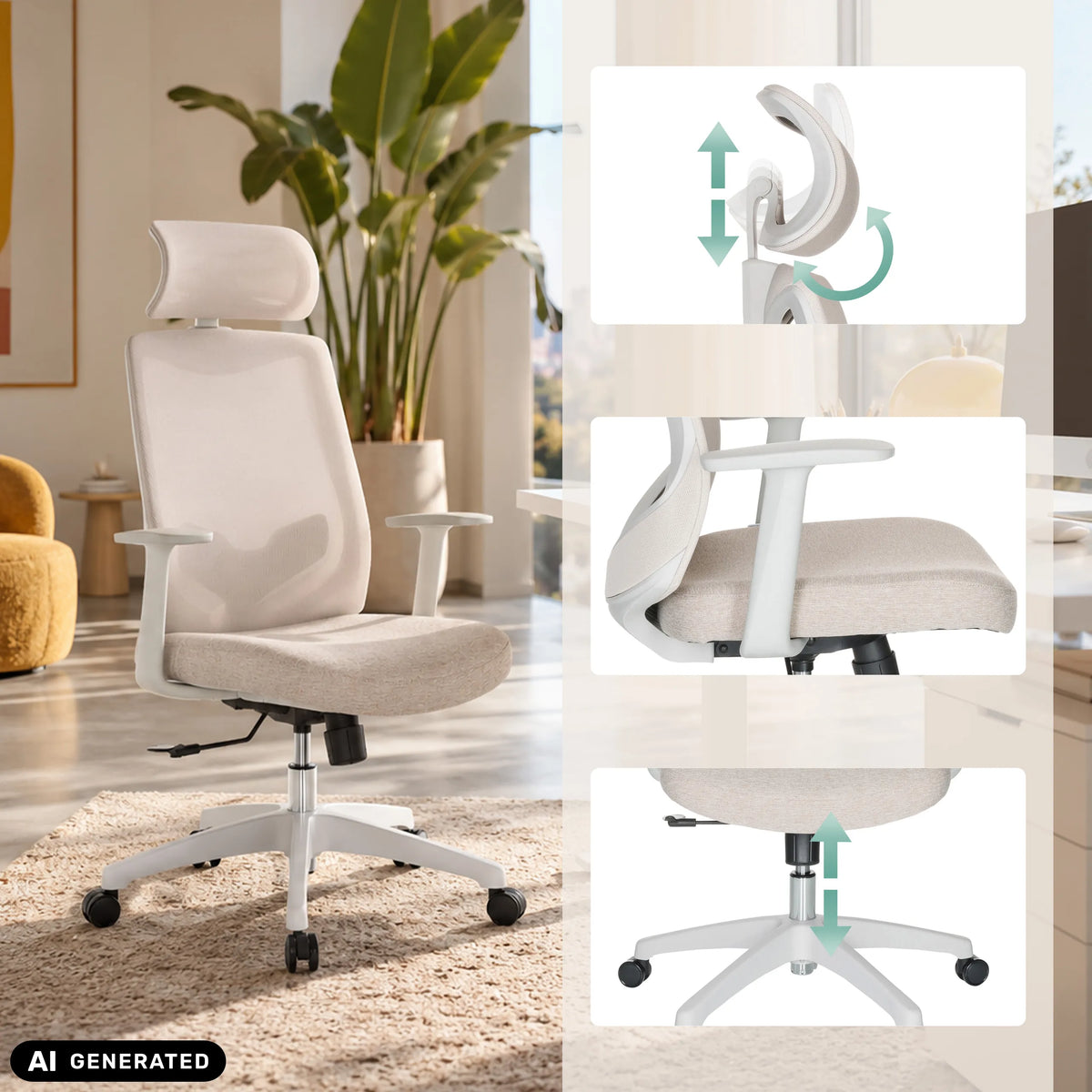 Home Office kontorstol MIKEO W i beige med justerbar nakkestøtte og armlæn fra hjh OFFICE