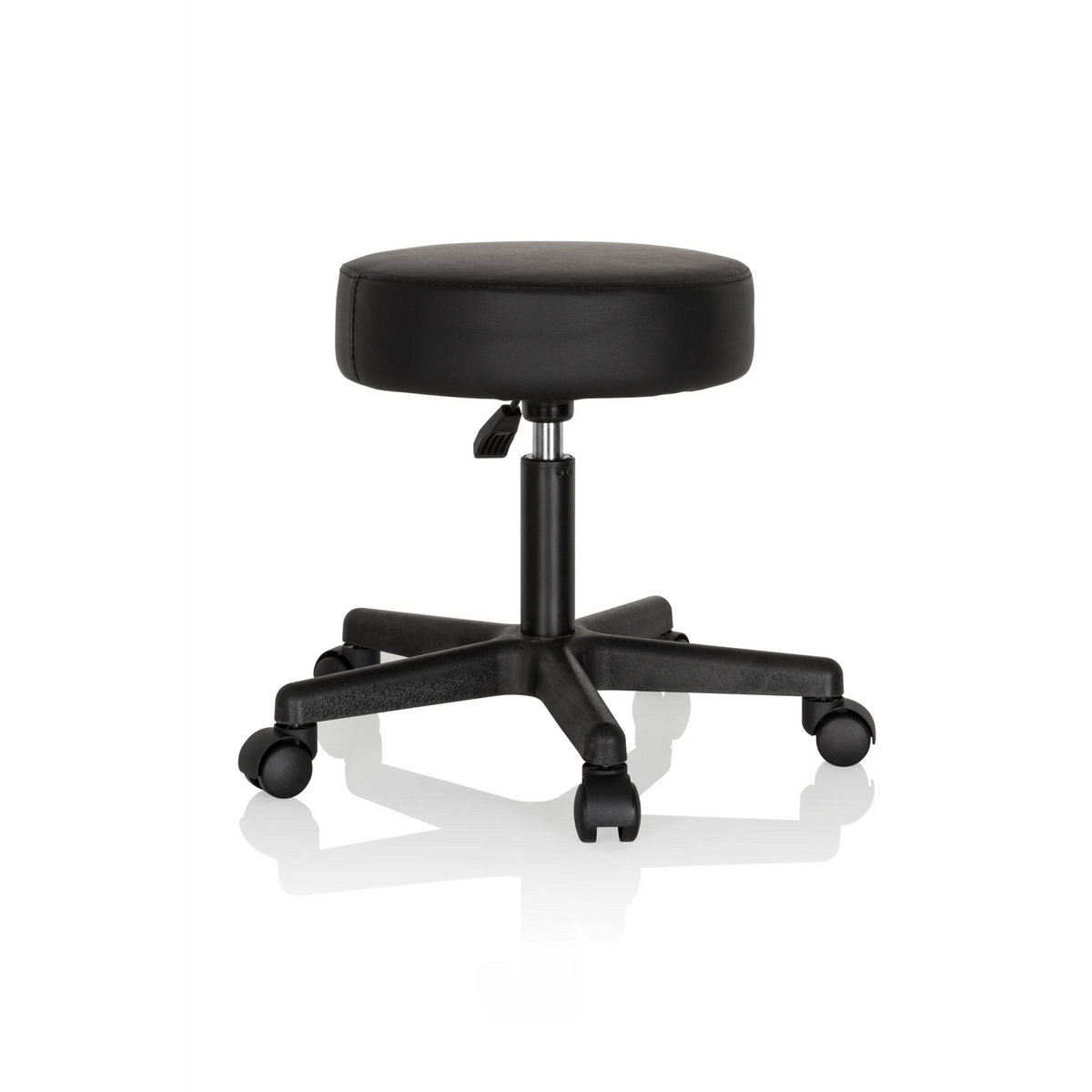 Sort Drejeskammel OPERATOR I med polstret sæde og femhjulet fodkryds fra hjh OFFICE – 360-graders visning (skråt bagfra 120°)