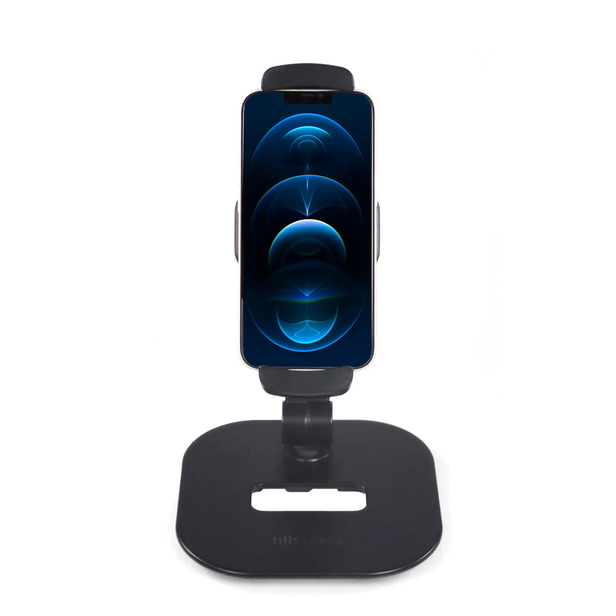 Sort Holder til mobiltelefon & tablet FLEXMOBI IV med fod og holderklemme fra hjh OFFICE – 360-graders visning (forfra 0°)