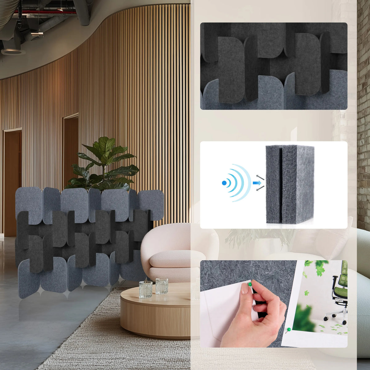 Lydabsorberende skillevægge FLEXMIUT PLUG i grå og mørkegrå som modulært sæt fra hjh OFFICE