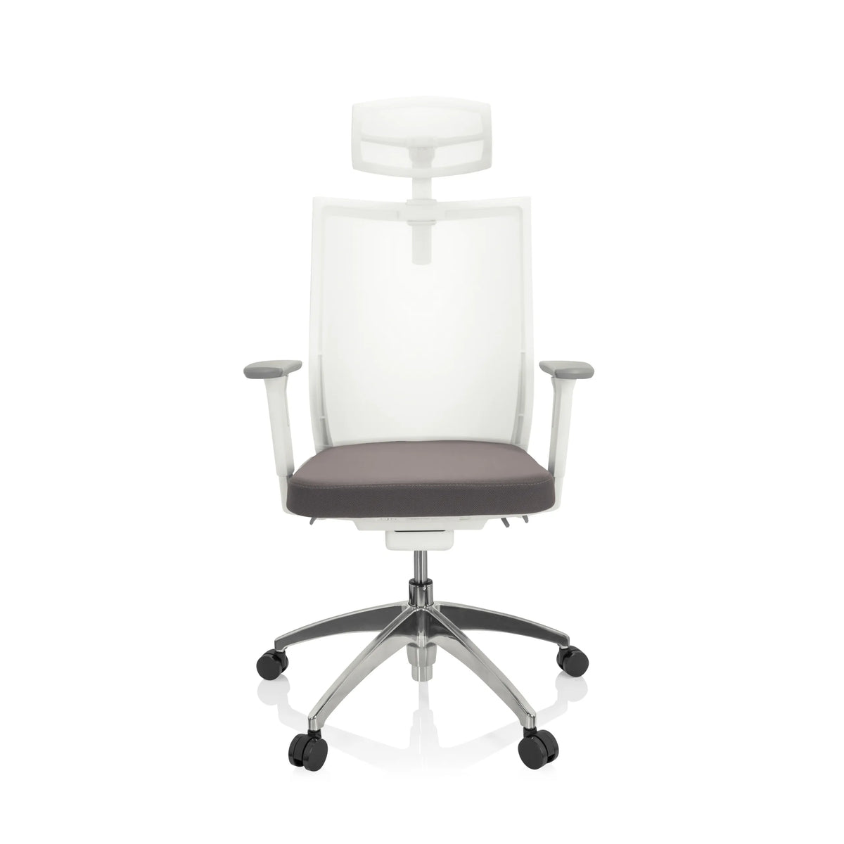 Gråhvid Professionel kontorstol ASPEN WHITE PRO med netryg, nakkestøtte og femstjernet fodkryds med hjul fra hjh OFFICE – 360-graders visning (forfra 0°)