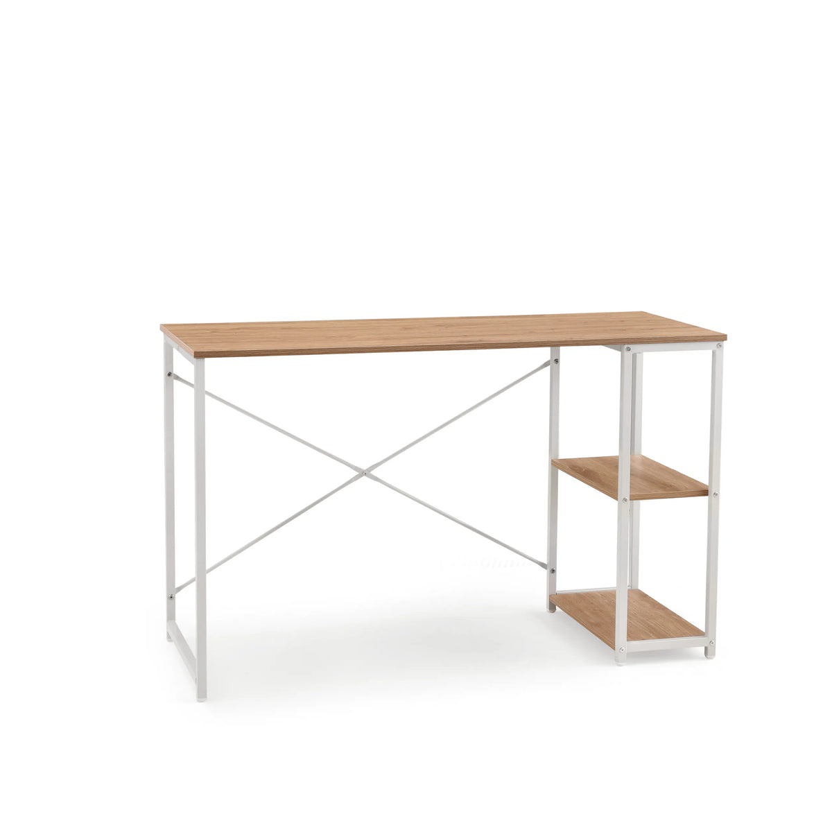 Skrivebord Easy Up2 i hvid og eg med integreret hylde og X-stiver fra hjh LIVING – 360-graders visning (forfra 15°)
