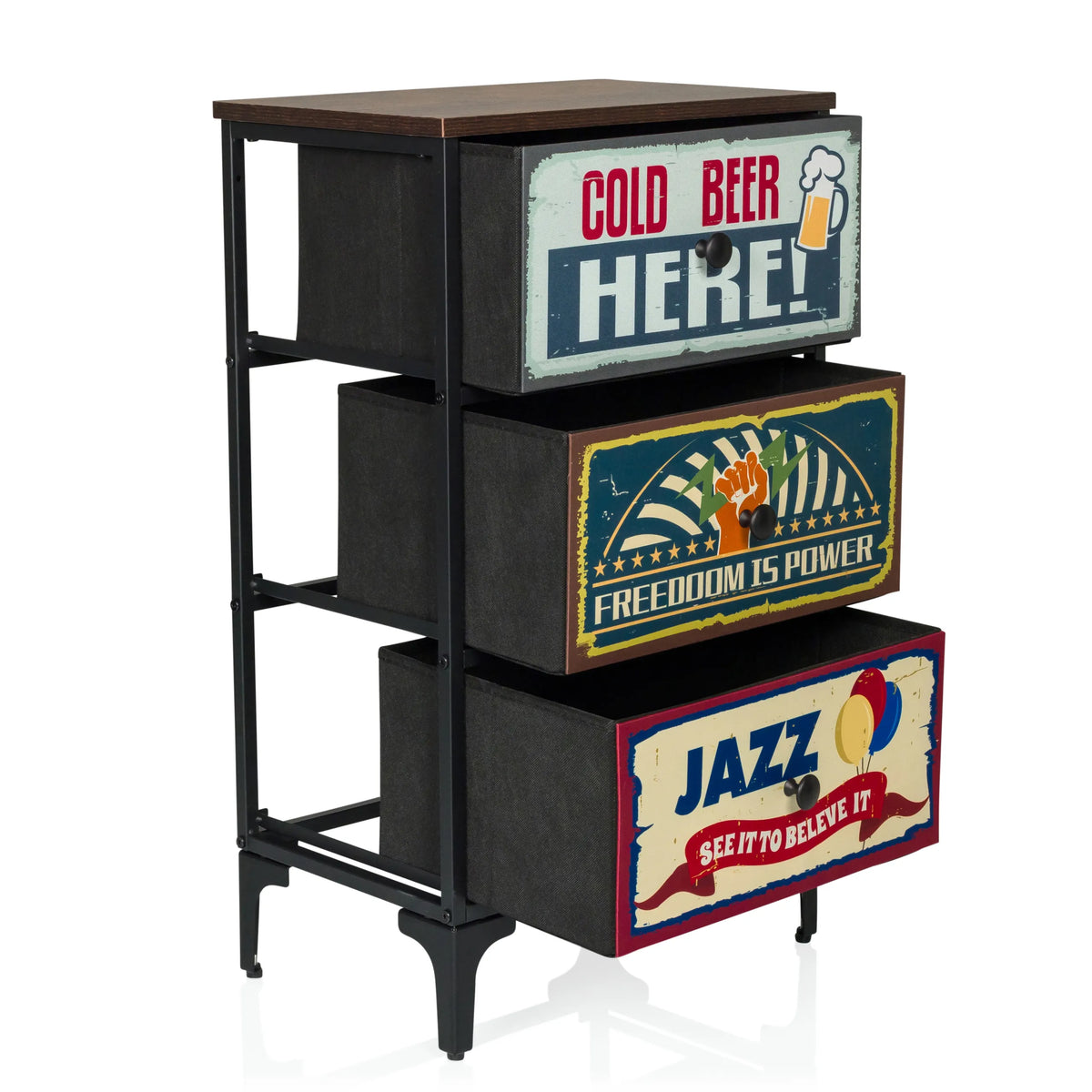 Kommode AMERIKO S mit drei Motiv-Schubladen und dunklem Metallgestell von hjh LIVING