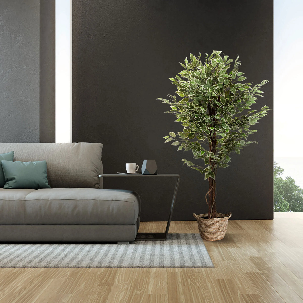 Kunstige plante FICUS i grøn farve i en flettet kurv fra hjh OFFICE