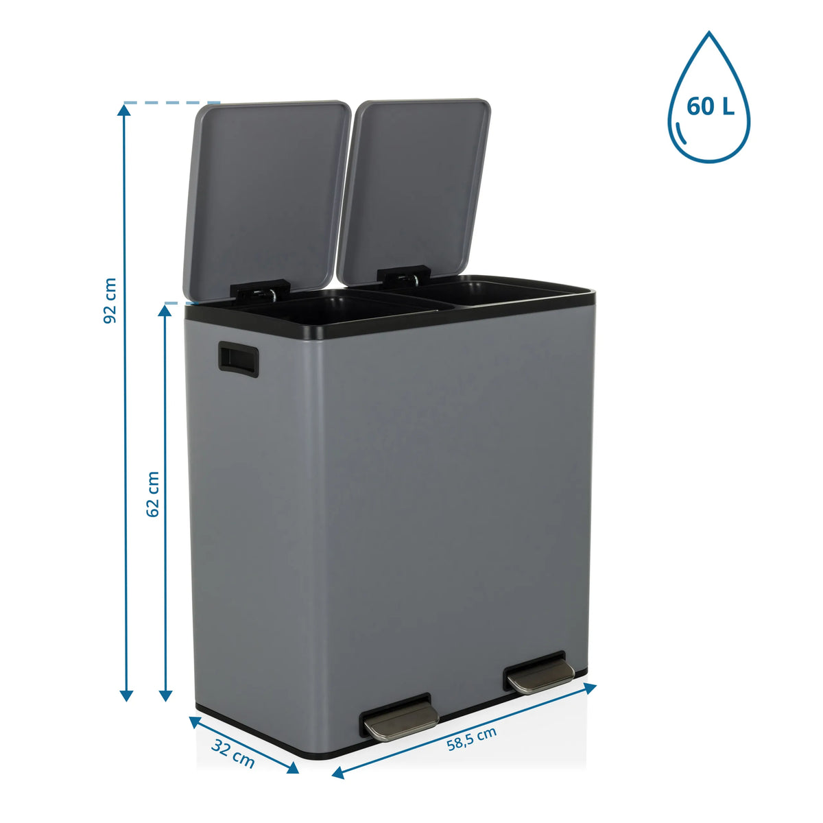 Måltegning af Papirkurv Clean 13 med 60 L kapacitet og 58,5 x 32 cm fra hjh OFFICE