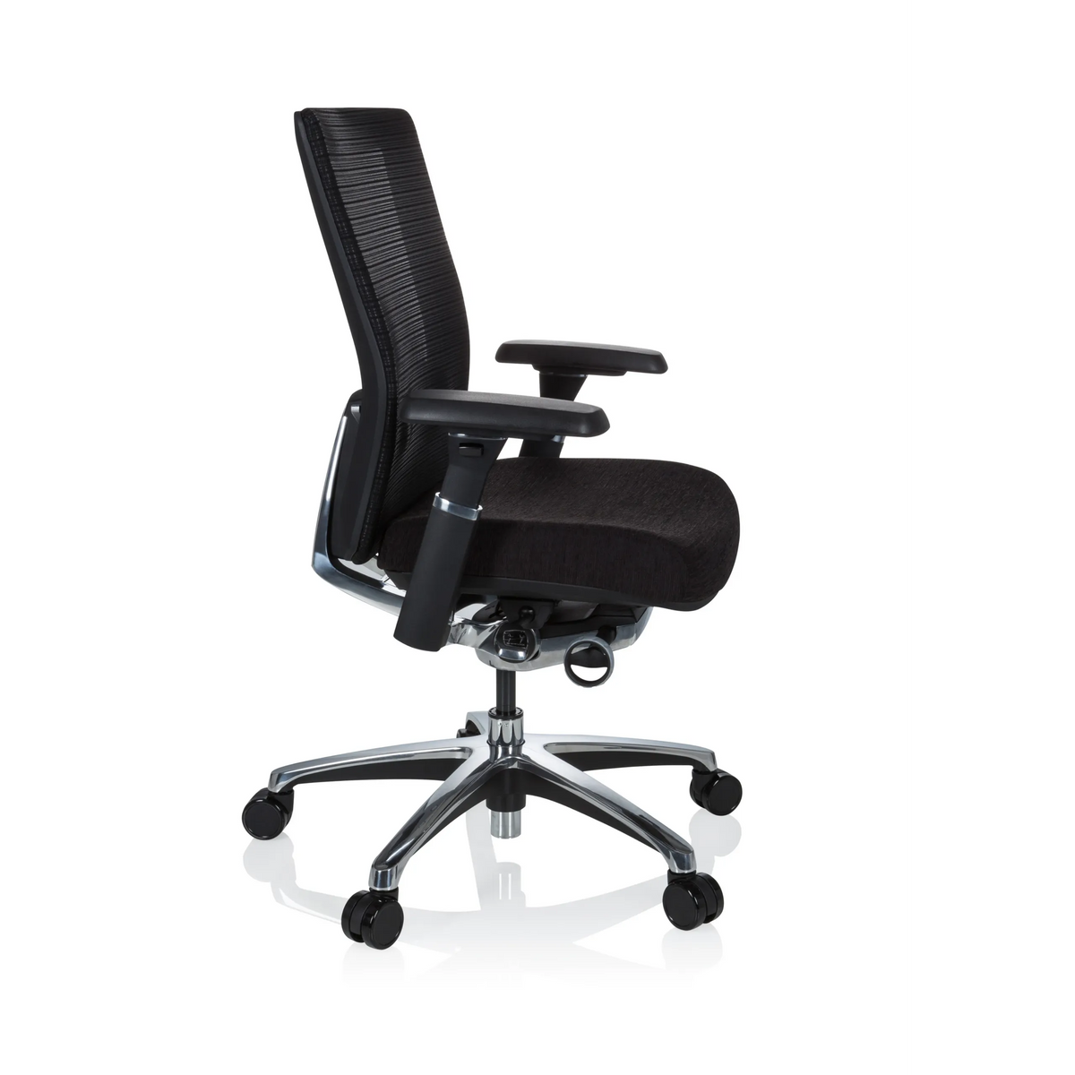 Sort High End kontorstol NOVA PRO ALU med netryg og femhjulet fodkryds fra hjh OFFICE – 360-graders visning (sideprofil 80°)