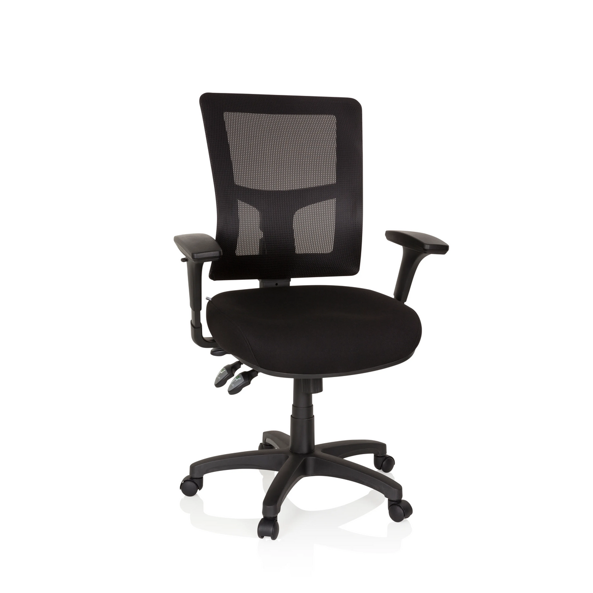 Sort Professionel chefstol IMPACT PRO med netryg og femstjernet fodkryds med hjul fra hjh OFFICE – 360-graders visning (forfra 20°)