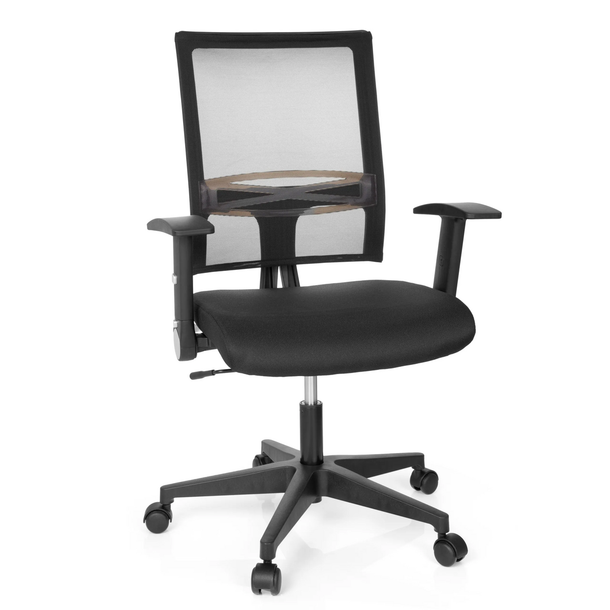 Sort Home Office kontorstol OFFICE R8 med netryg og femhjulet fodkryds fra hjh OFFICE – 360-graders visning (forfra 20°)