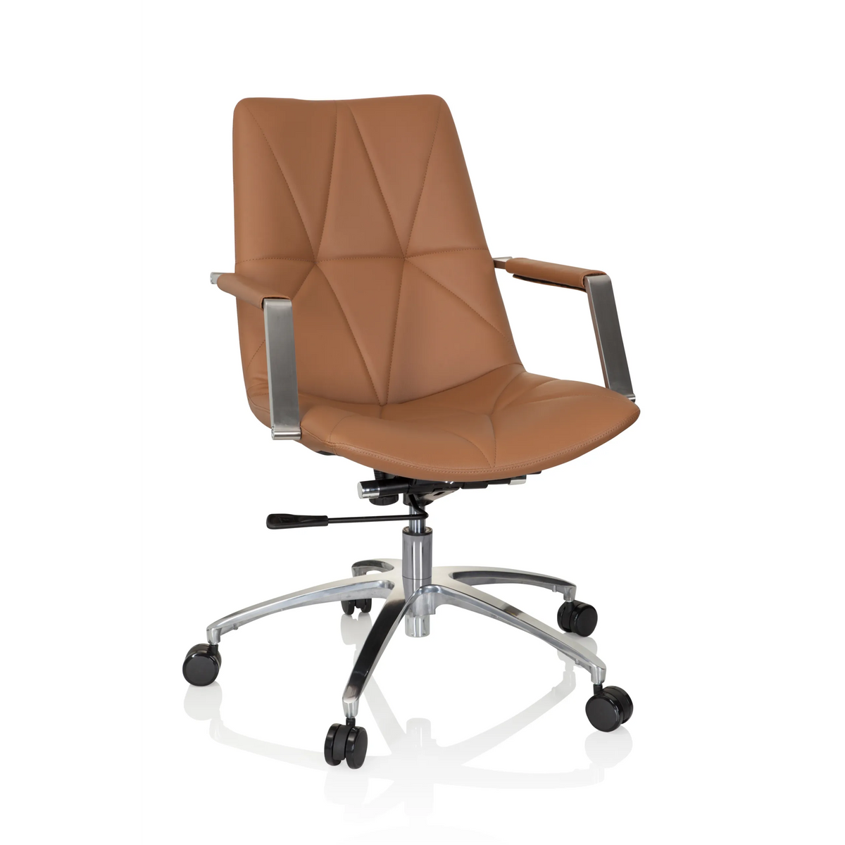 Kamelfarvet Home Office kontorstol SARANTO II med syninger og femhjulet fodkryds fra hjh OFFICE – 360-graders visning (forfra 20°)
