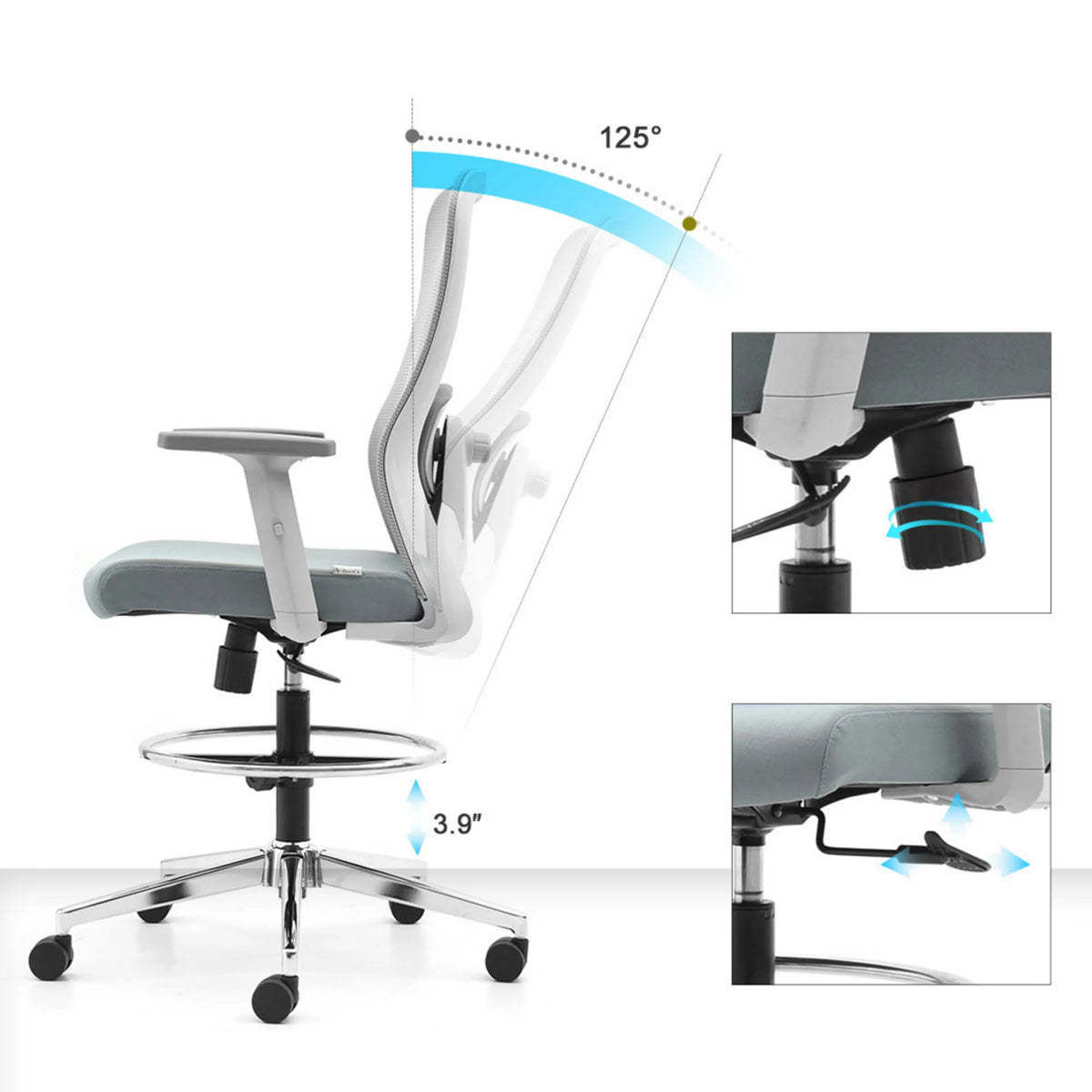 Justeringsmekanismer på Top Work 44 W diskstol med 125° ryglænshældning og 3.9" højdejustering fra hjh OFFICE