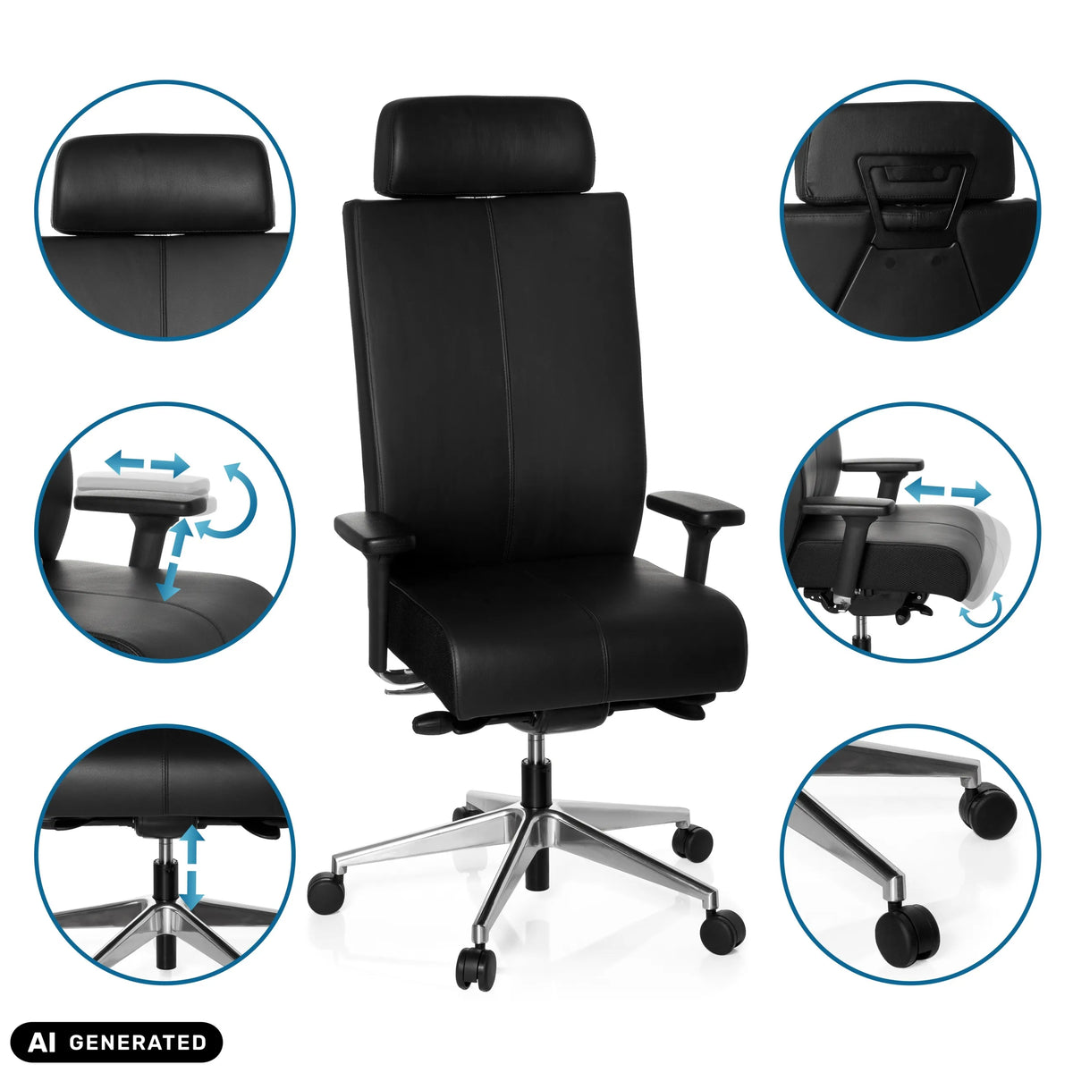 Justerbare funktioner på den professionelle kontorstol PRO-TEC XXL i sort fra hjh OFFICE (AI-genereret billede)