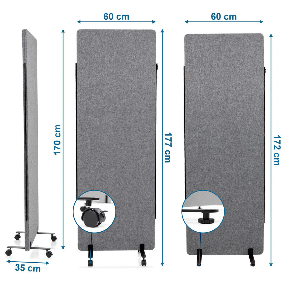 Måltegning af Skillevæg FLEXMIUT med 60 × 170 cm og hjul fra hjh OFFICE