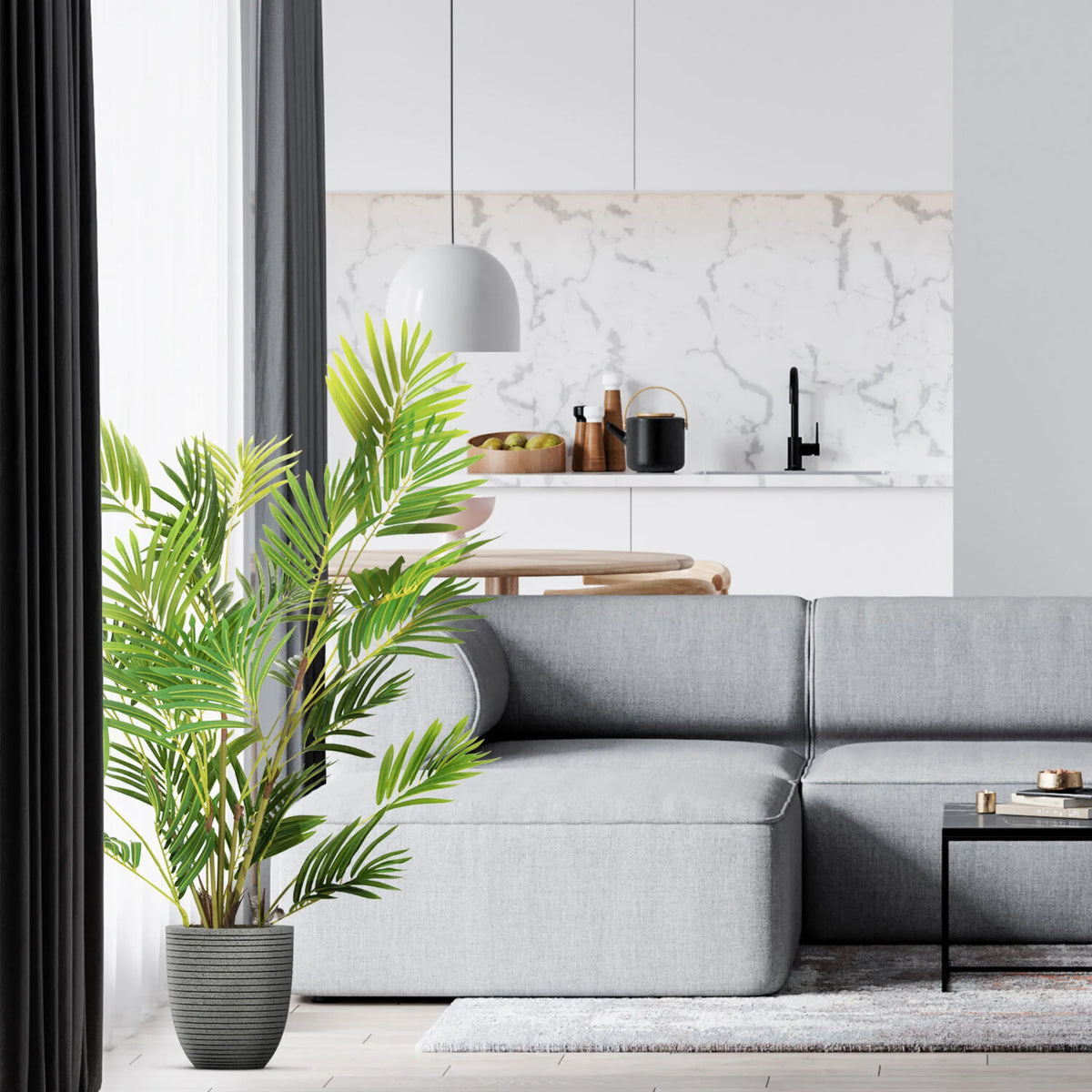 Grøn kunstige plante ARECA I i en grå struktureret potte fra hjh OFFICE
