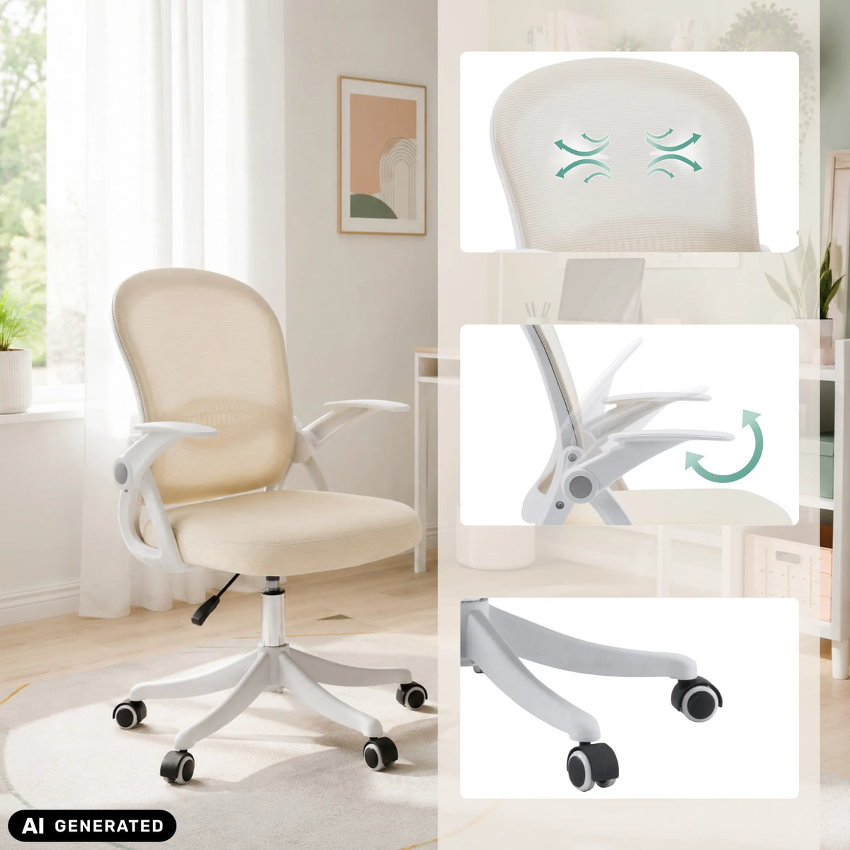 Beige Naluro Home Office kontorstol med åndbart ryglæn og hjulkryds fra hjh OFFICE (AI-genereret billede)