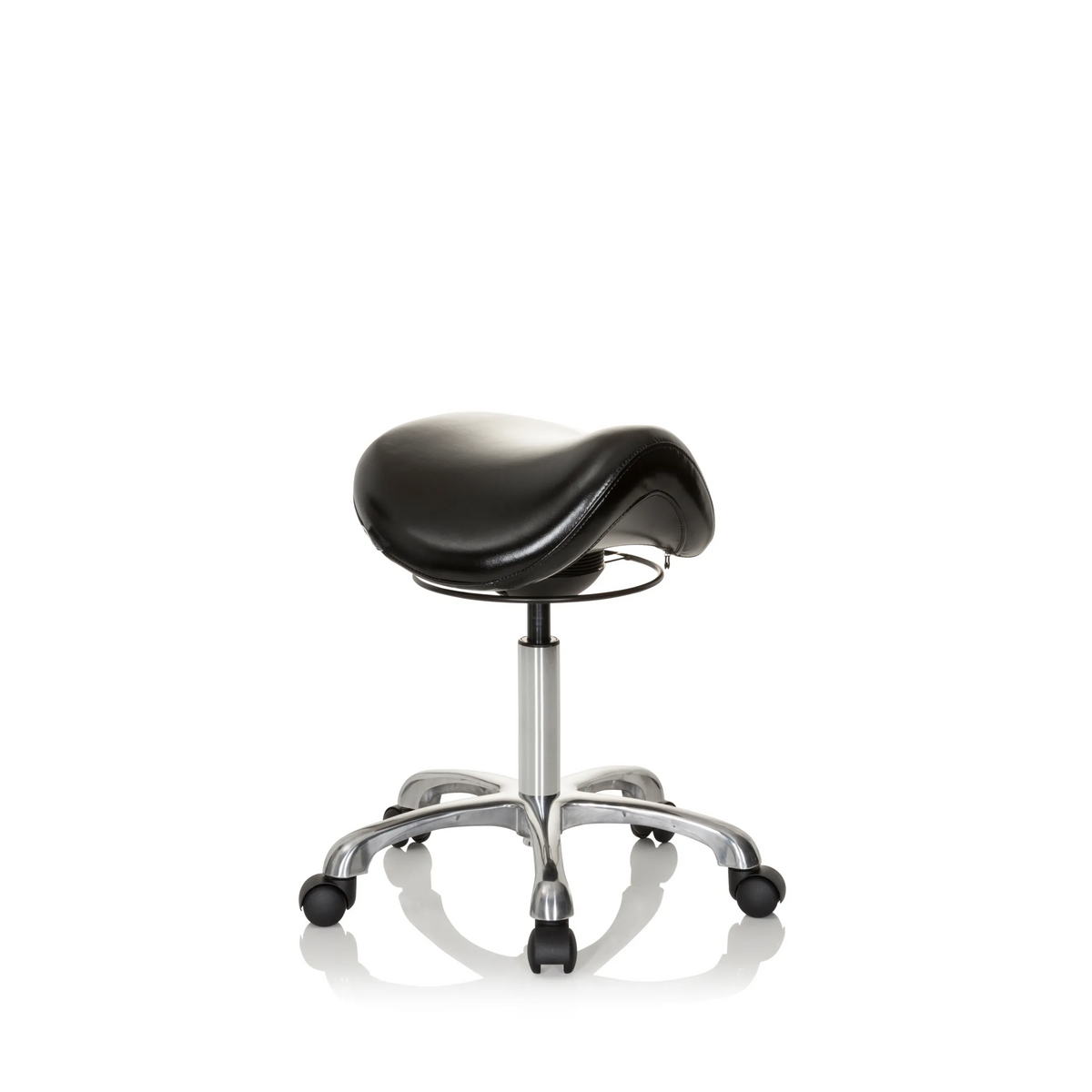 Sort Sadelskammel ORTHO SIT med fodkryds og fem hjul fra hjh OFFICE – 360-graders visning (skråt forfra 40°)