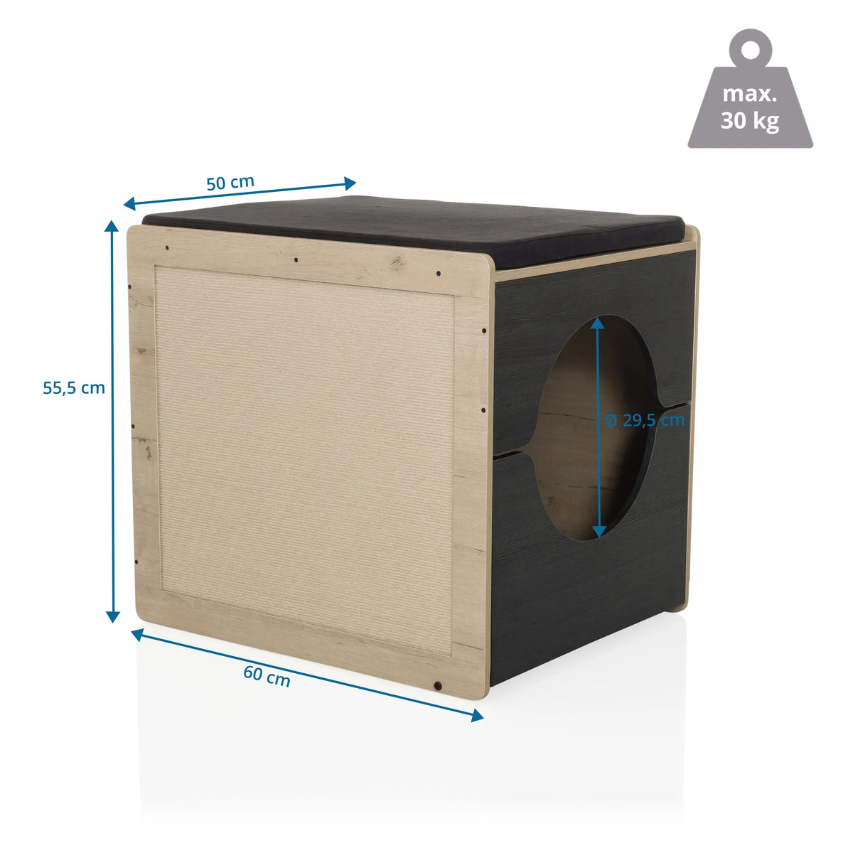 Målvisning af Kattehus KITTY PAWBOX 2 med en højde på 55,5 cm og bredde på 60 cm fra hjh LIVING