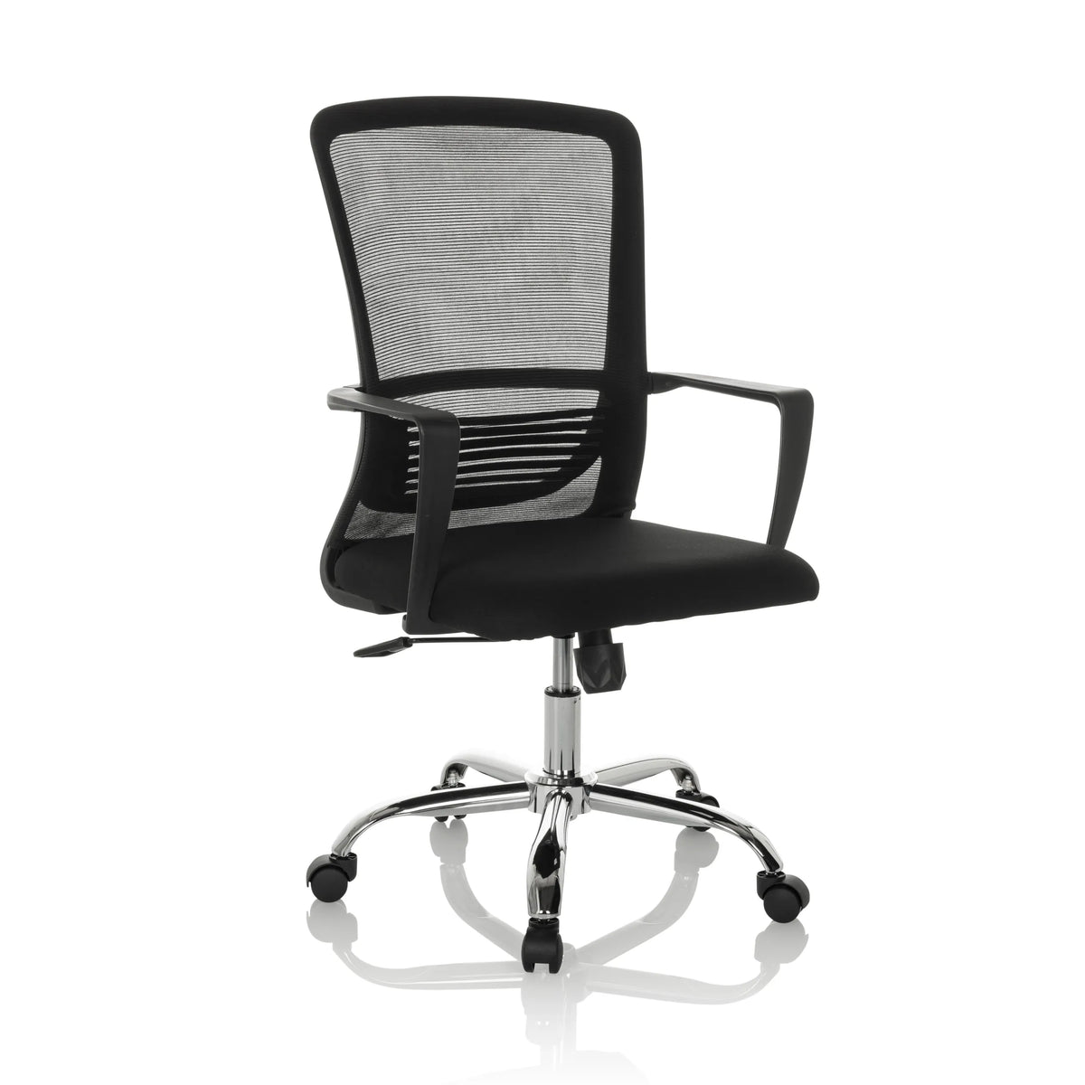 Sort Home Office kontorstol STAR-TEC S med mesh-ryglæn og femhjulet fodkryds fra hjh OFFICE – 360-graders visning (skråt forfra 30°)