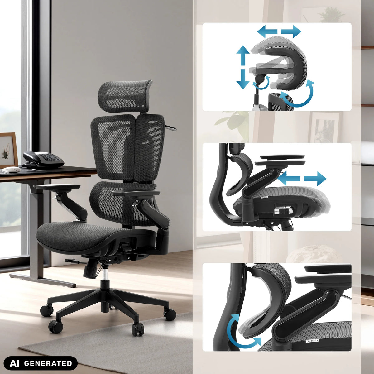 Justerbar nakkestøtte og armlæn på den professionelle kontorstol Ergo U2 Pro3 fra hjh OFFICE (AI-genereret billede)