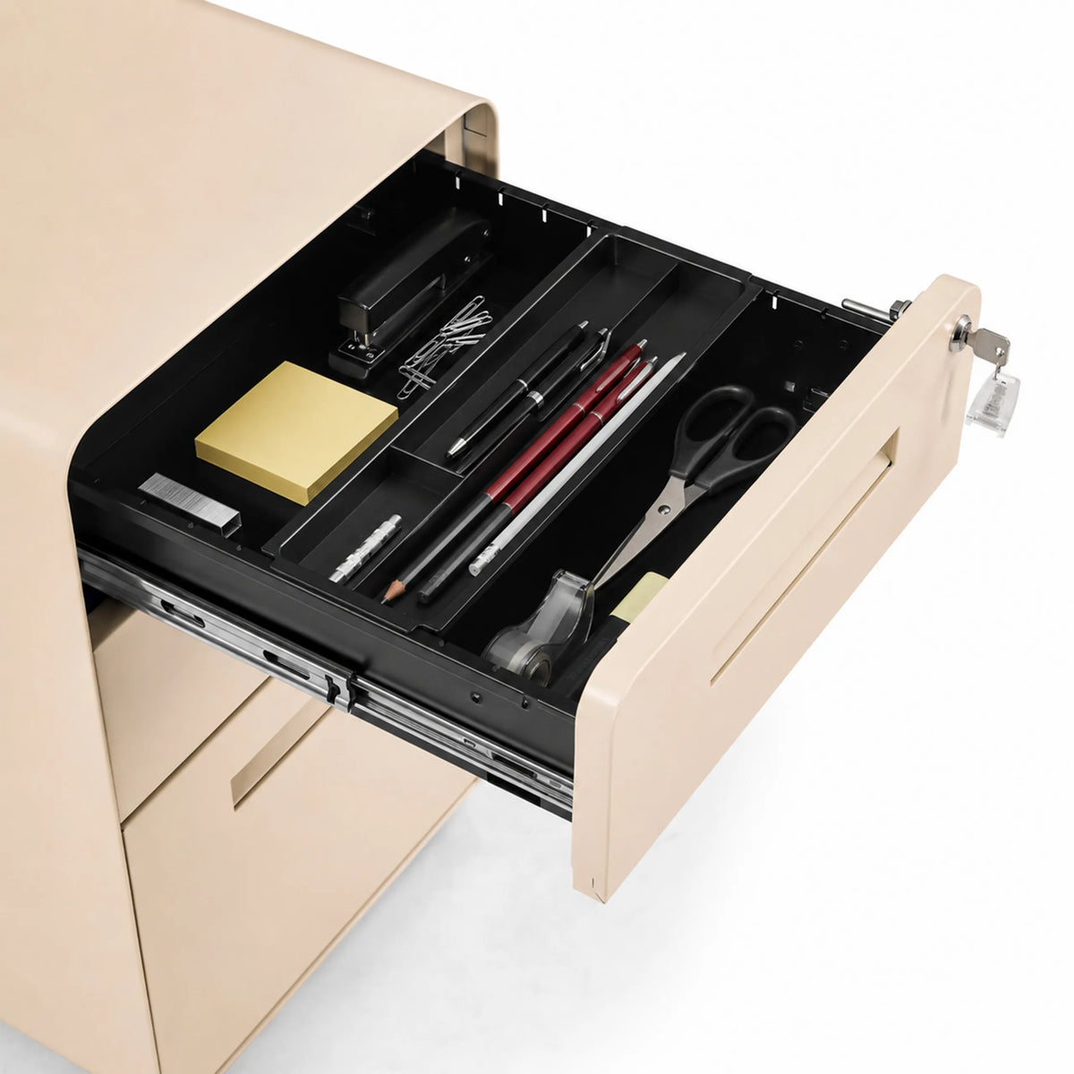 Åben skuffe med organizer-indsats og kontorartikler fra rullecontaineren COLOR PLUS I i beige fra hjh OFFICE