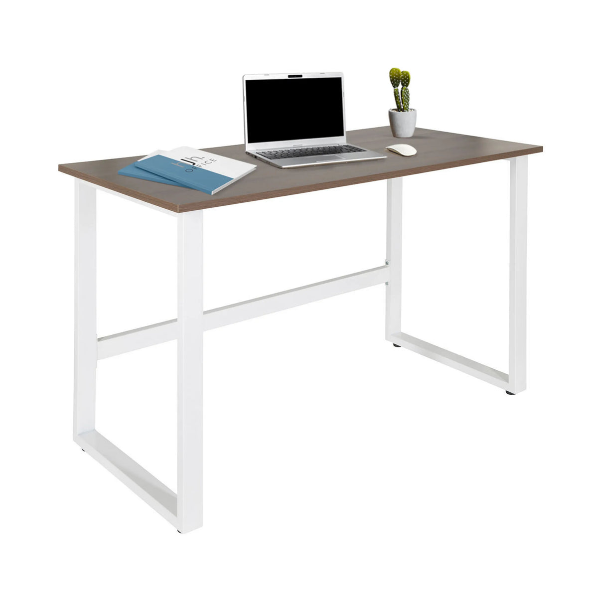 Skrivebord WORKSPACE LIGHT I i valnød og hvid med bærbar computer, mus og notesbog fra hjh OFFICE