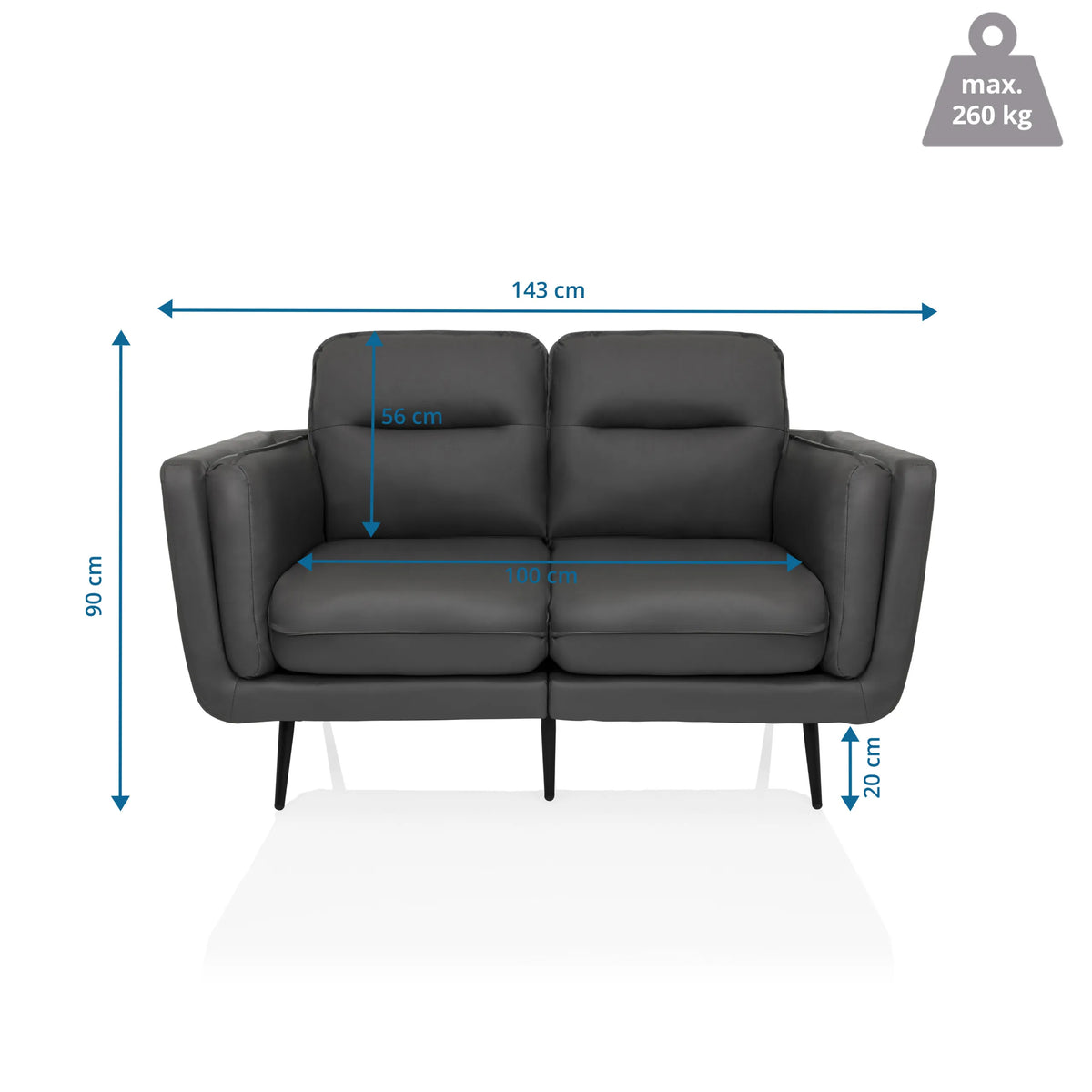 Måltegning af Loungesofa VINTALUX med en bredde på 143 cm og en højde på 90 cm fra hjh LIVING
