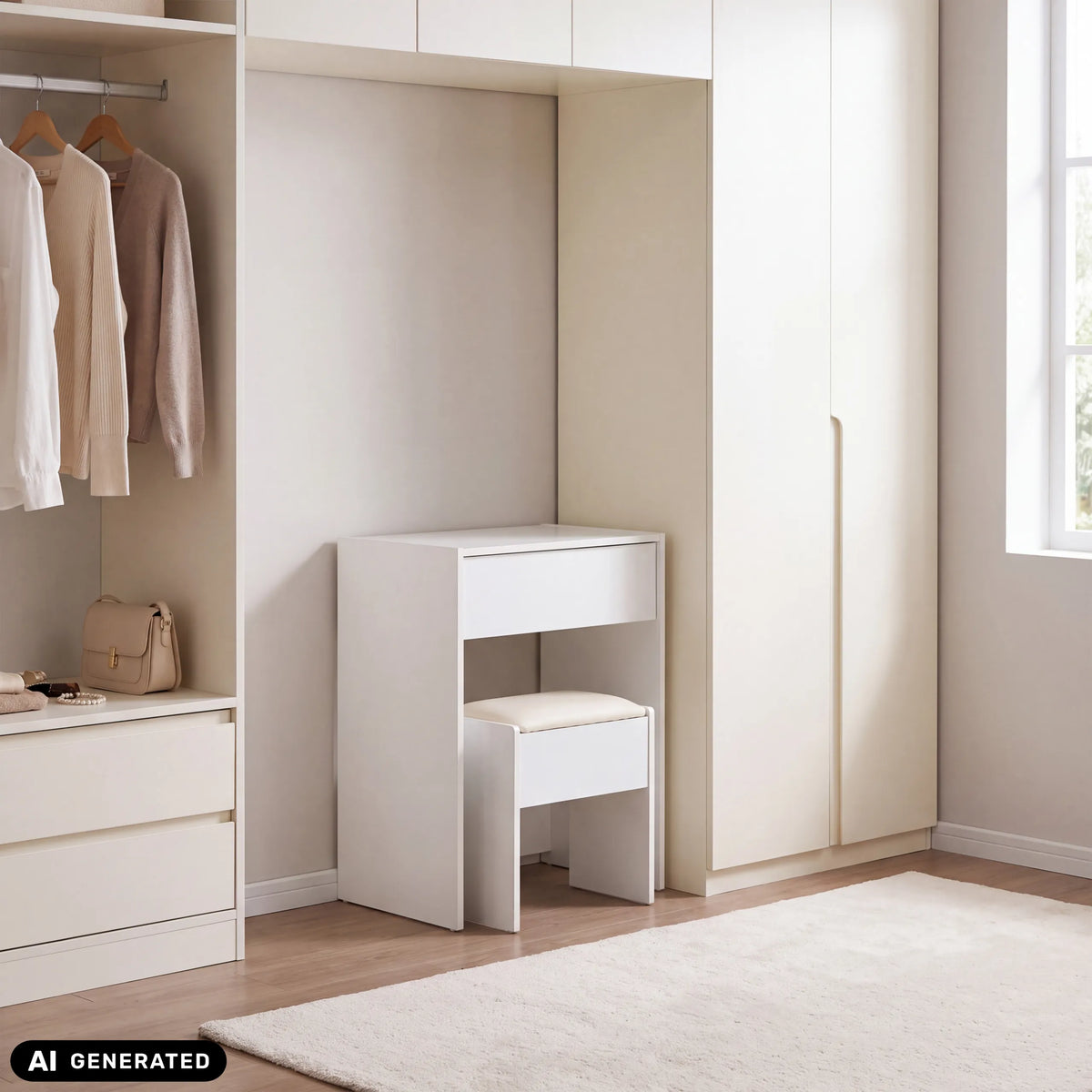 Hvid Glamdesk sminkebord med taburet i en skabsniche fra hjh LIVING (AI-genereret billede)