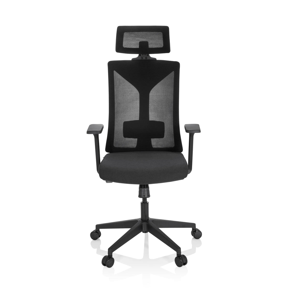 Sort Professionel kontorstol KODIAK med netryg, nakkestøtte og femstjernet fodkryds med hjul fra hjh OFFICE – 360-graders visning (forfra 0°)