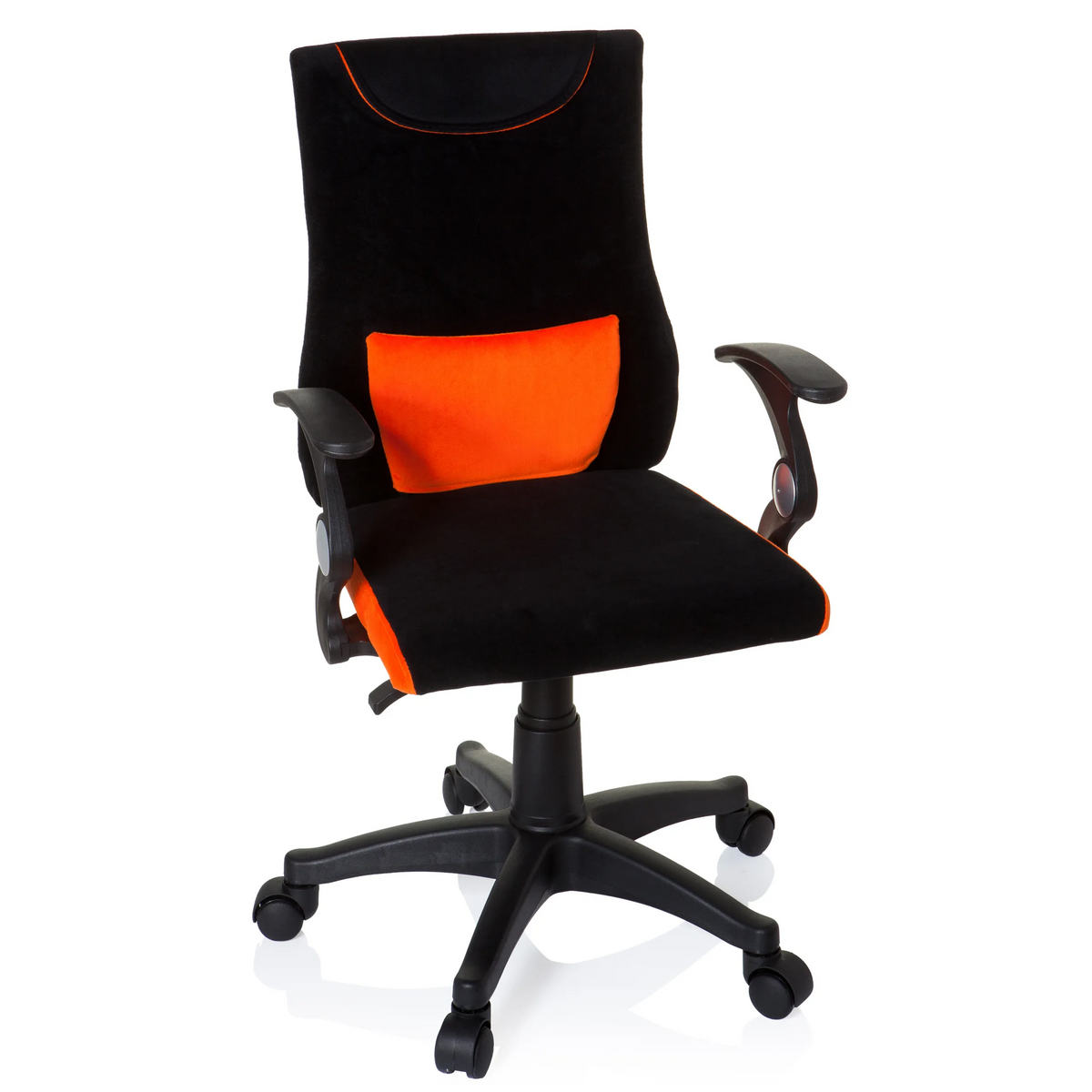 Sort-orange Drejestol til børn KIDDY PRO AL med lændepude og femhjulet fodkryds fra hjh OFFICE – 360-graders visning (forfra 20°)