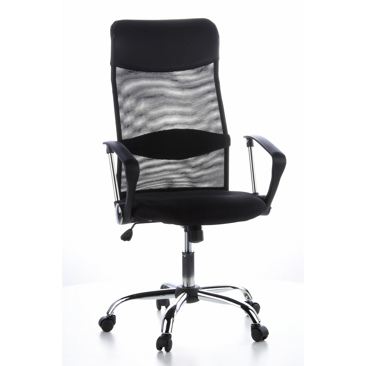 Sort Home Office chefstol ARIA HIGH med netryg og femhjulet fodkryds fra hjh OFFICE – 360-graders visning (forfra 20°)