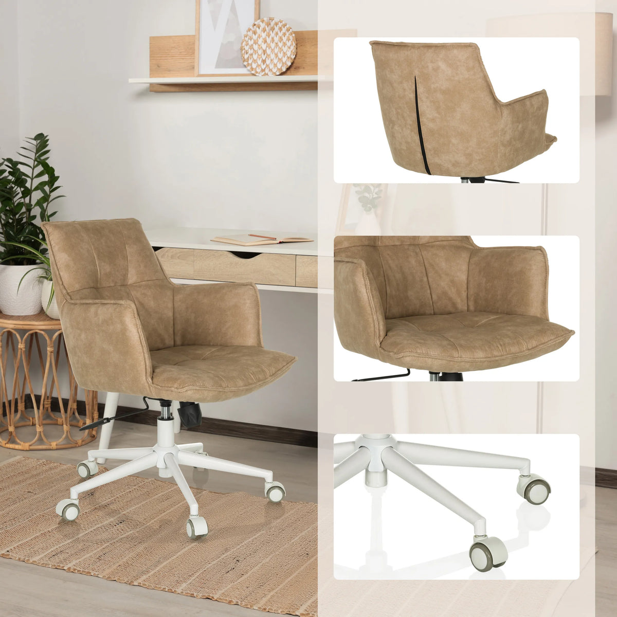 Beige Home Office kontorstol SOLAO LIFE W med hvidt fodkryds og hjul fra hjh LIVING
