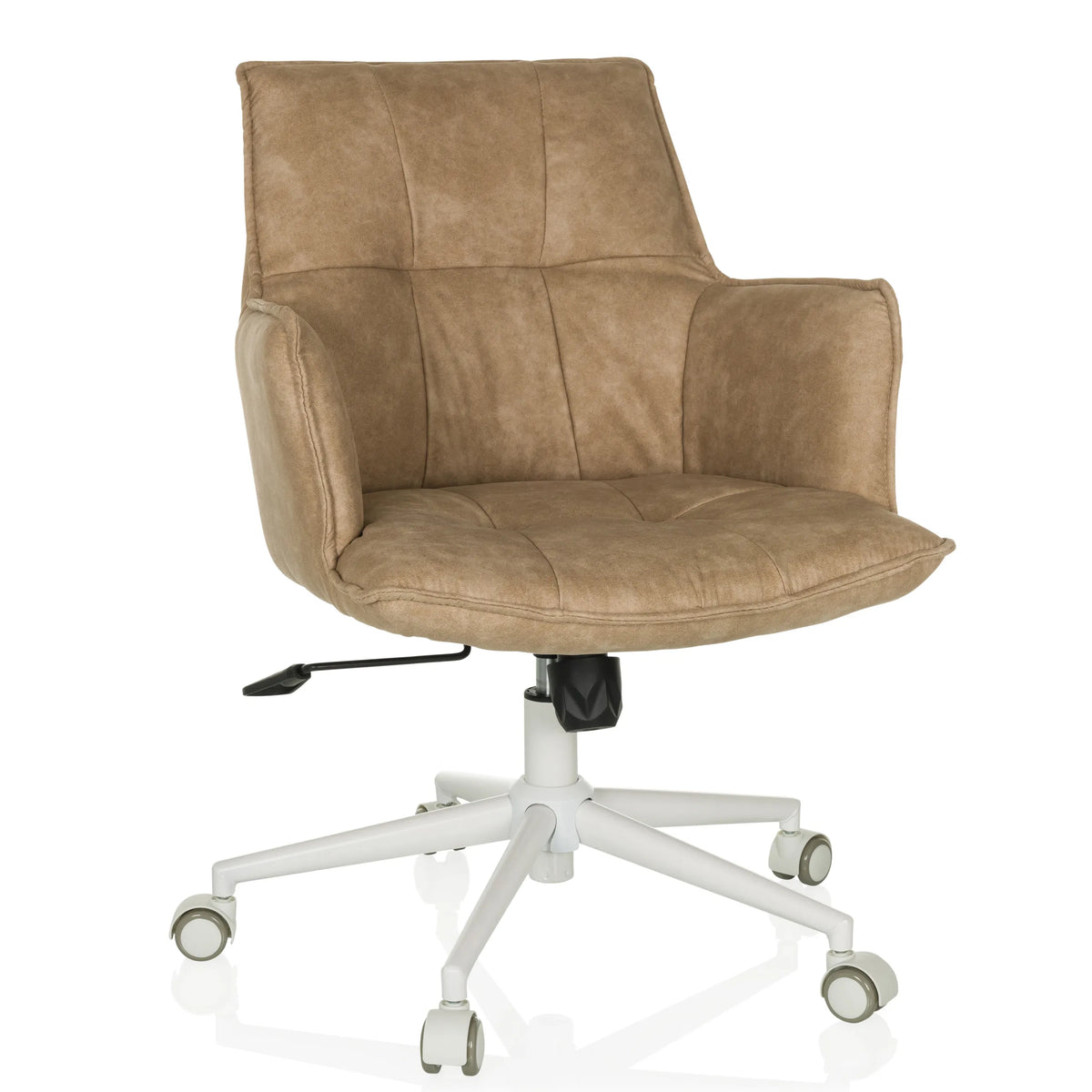 Beige SOLAO LIFE W Home Office kontorstol med polstret sæde og hvidt femstjernet fodkryds med hjul fra hjh LIVING – 360-graders visning (forfra 15°)
