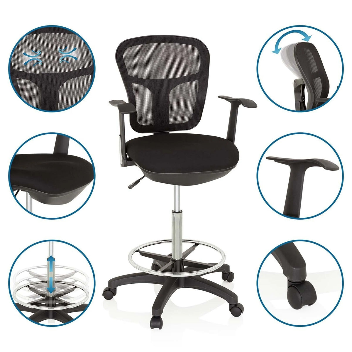 Sort diskstol TOP WORK 108 med netryg, fodring og hjul fra hjh OFFICE