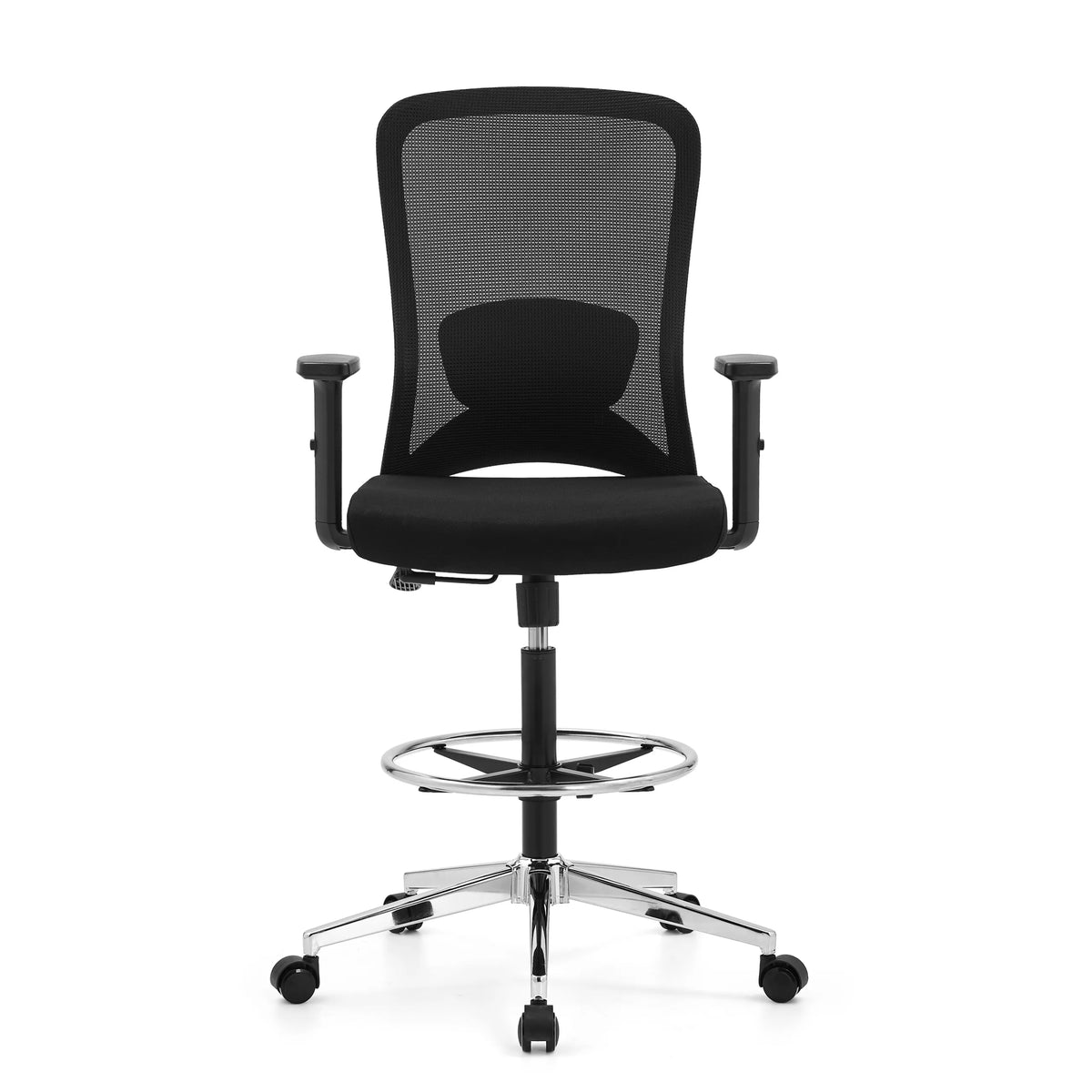 Sort Arbejdsstol Top Work 44 med netryg, fodring og femstjernet fodkryds med hjul fra hjh OFFICE – 360-graders visning (forfra 0°)