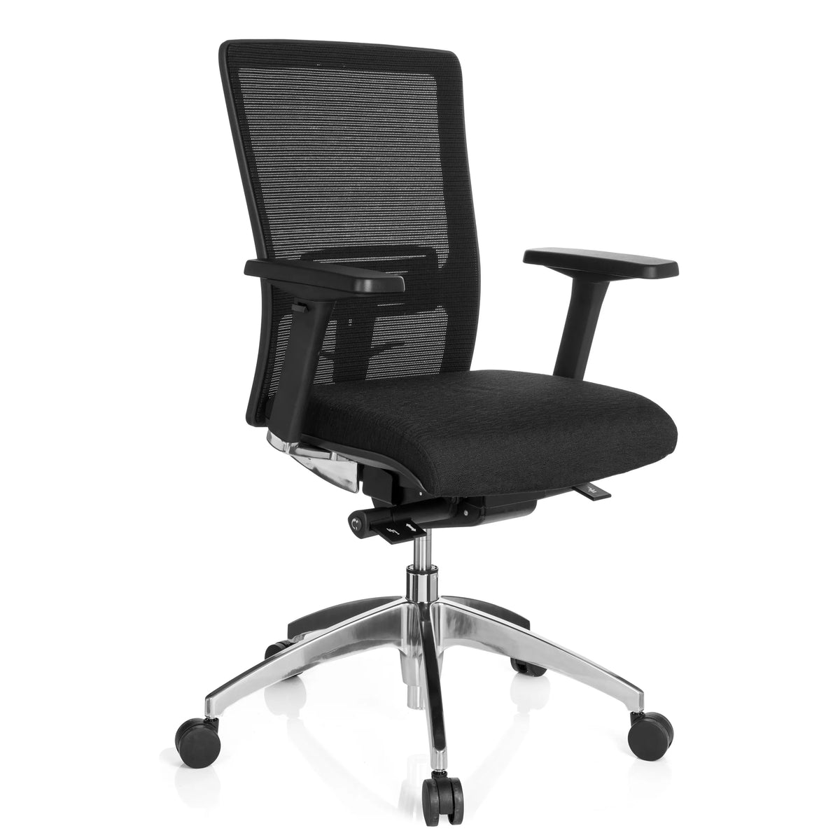 Sort Professionel kontorstol ASTRA BASE N med netryg og blank femstjernet fod med hjul fra hjh OFFICE – 360-graders visning (skråt forfra 40°)