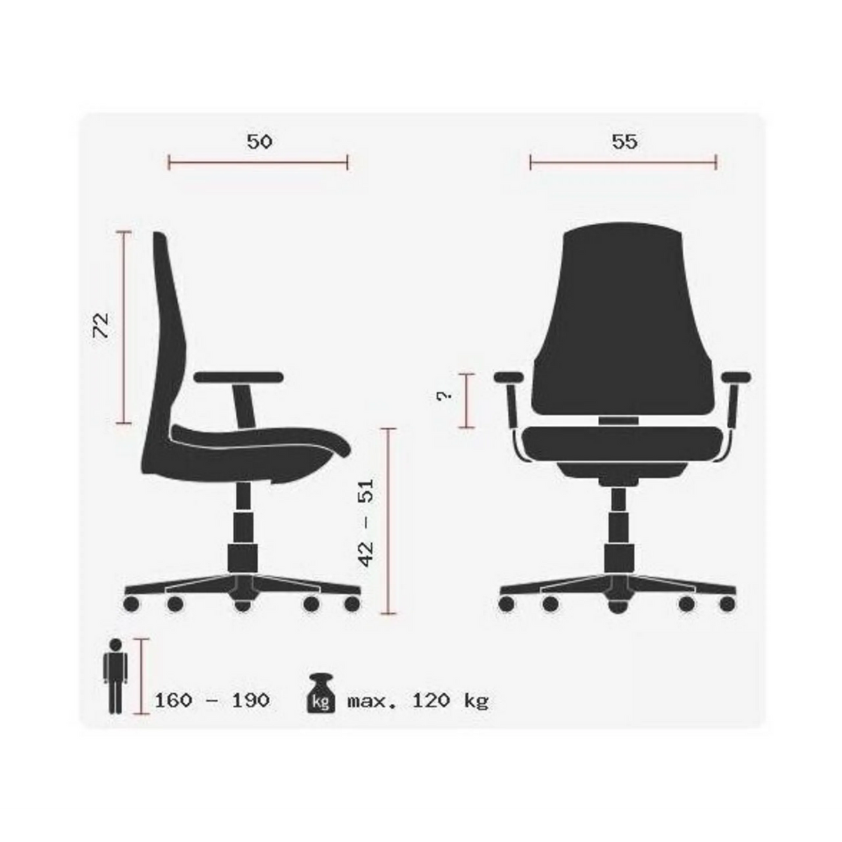 Technische Zeichnung des Luxus-Chefsessel OFFICE RS1 mit einer Breite von 55 cm von Topstar
