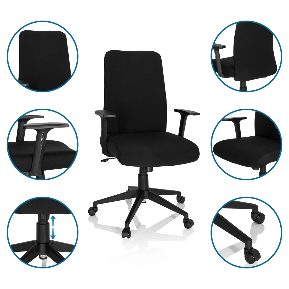Schwarzer Home-Office-Bürostuhl COSIO I mit Armlehnen, Rollen und Gasfeder von hjh OFFICE