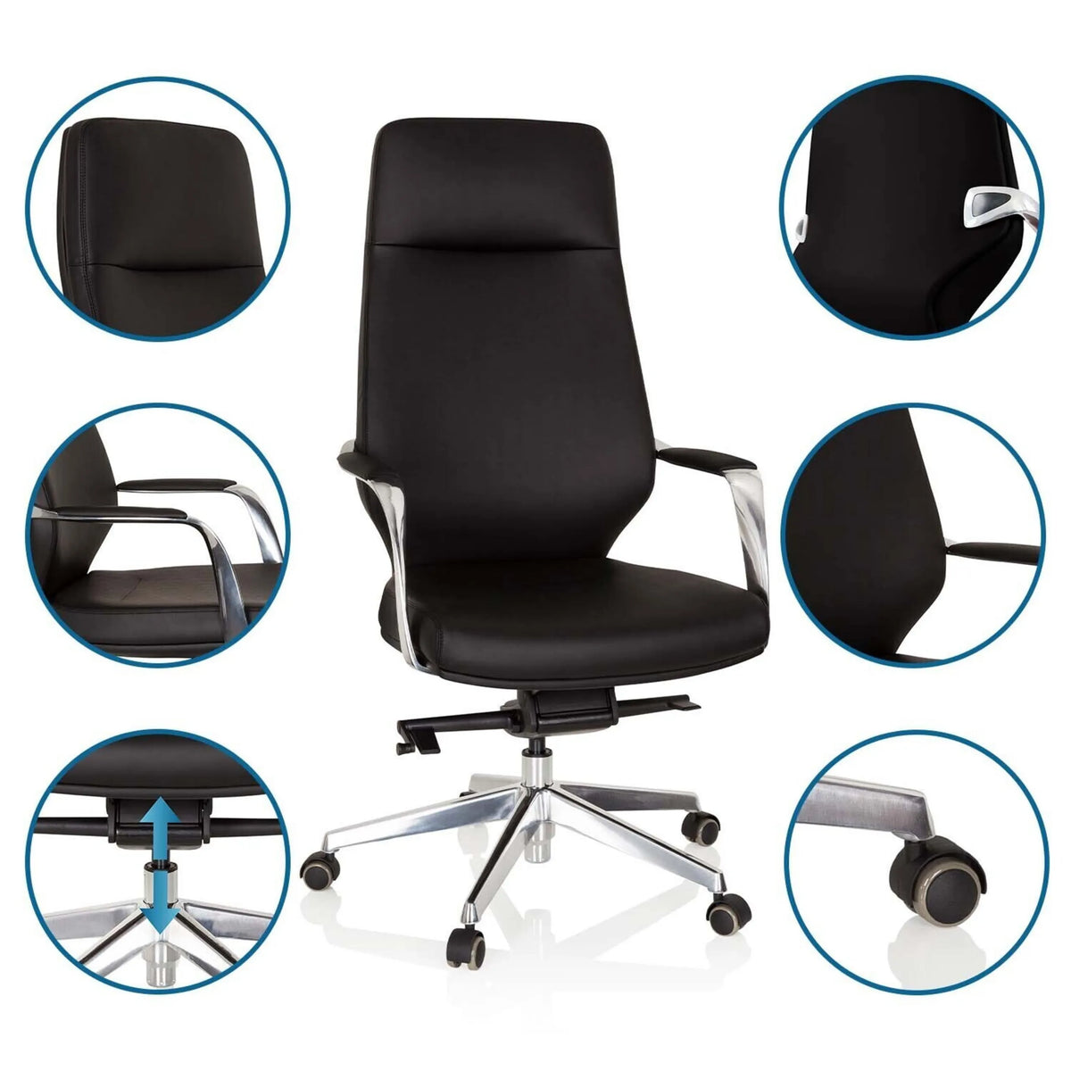 Sort Professionel chefstol VELVET med detaljevisninger af armlæn, gasfjeder og hjul fra hjh OFFICE