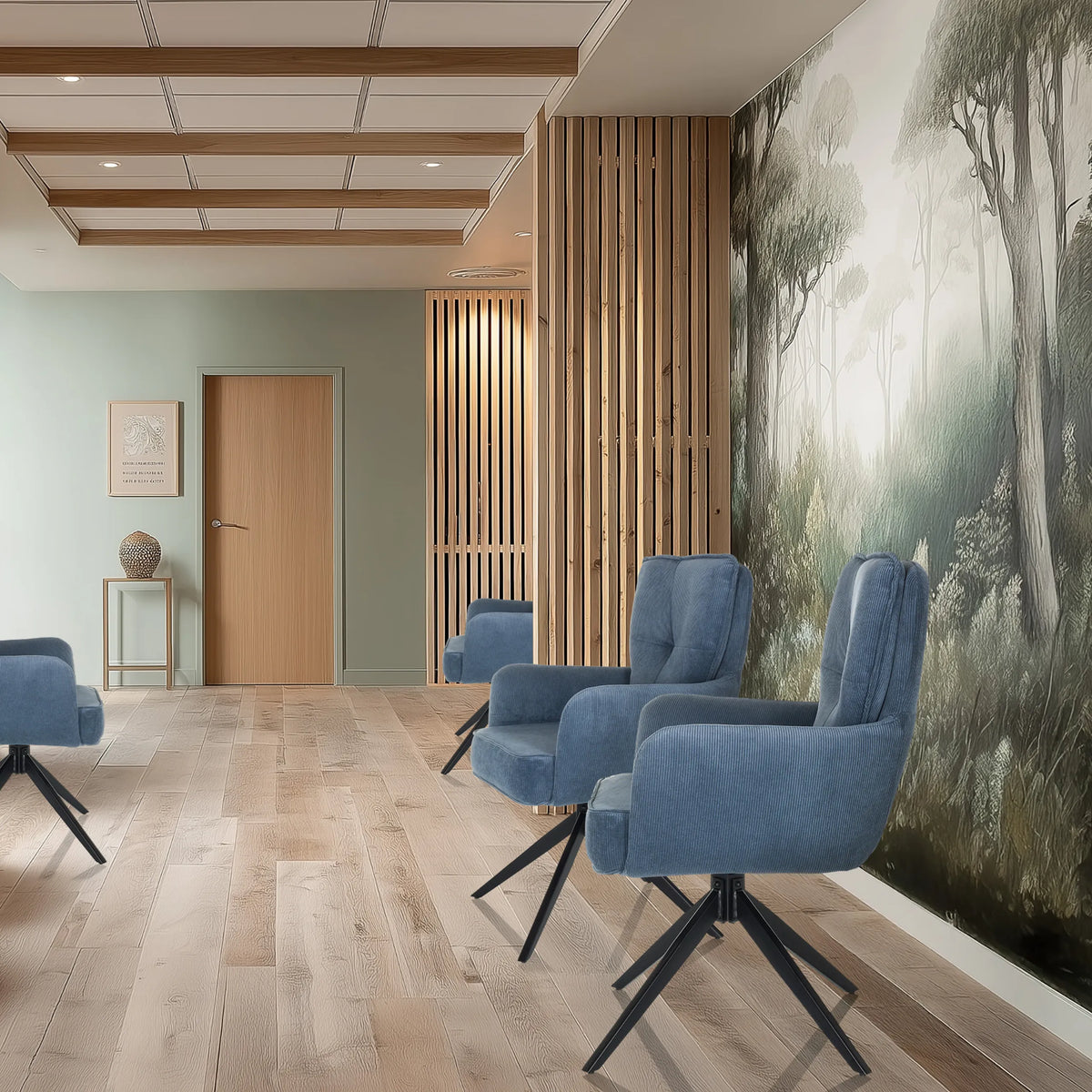 Blå polstrede stole TARUGO med stjernefod i et moderne venteområde fra hjh LIVING