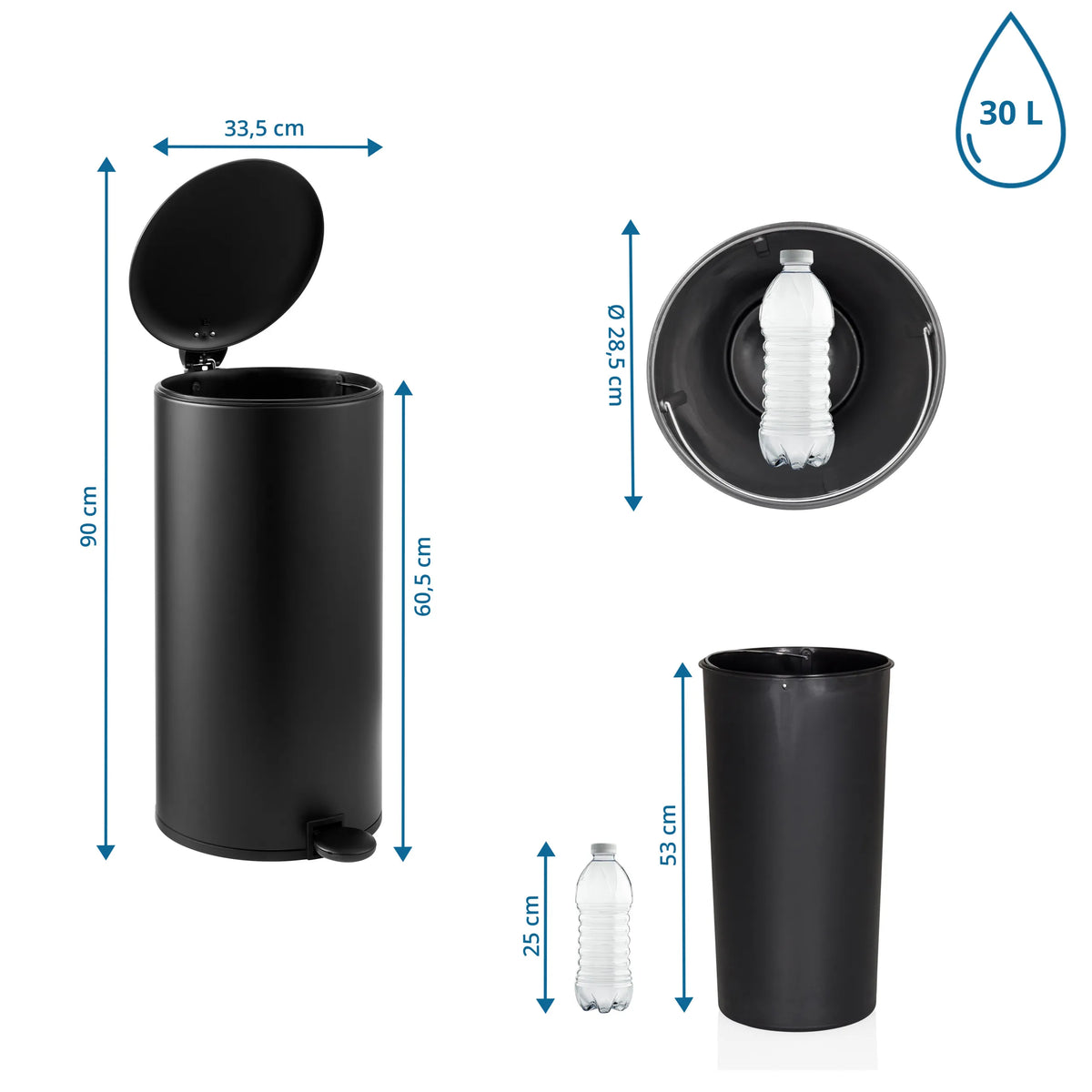 Måltegning af Papirkurv CLEAN STEP 2 med 90 cm højde og 30 L volumen fra hjh OFFICE